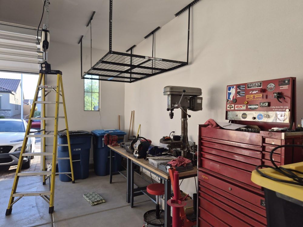 FLEXIMOUNTS 4x8 Overhead Garage Storage Rack, Adjustable Organization System, Heavy-Duty Metal Ceiling Racks, 750lbs Weight Capacity, Black, Classic Series customer photo 1