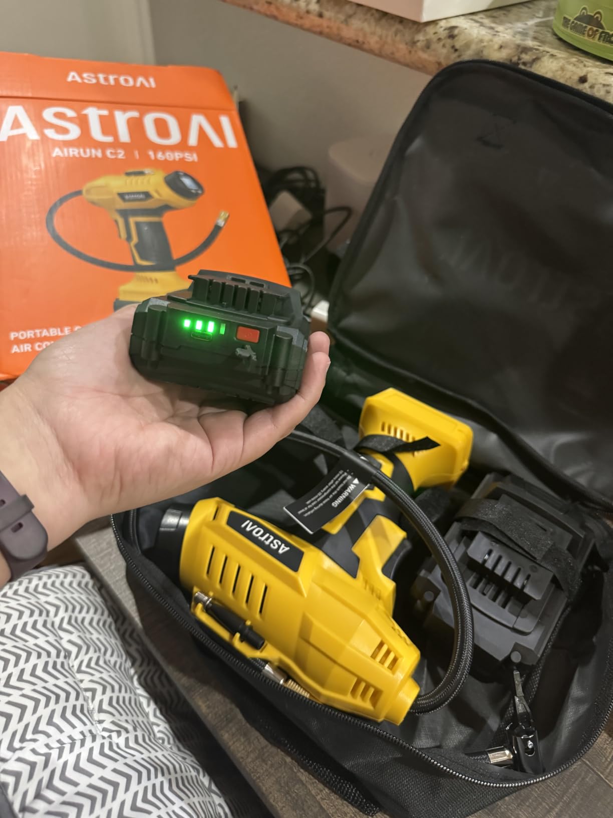 AstroAI Cordless Tire Inflator Portable Air Compressor 160PSI 12VDC Battery | Dual Power Supply Auto Shut-Off Digital Pressure Gauge Fast Inflation Air Pump for Cars Motorcycles Bikes Yellow customer photo 1