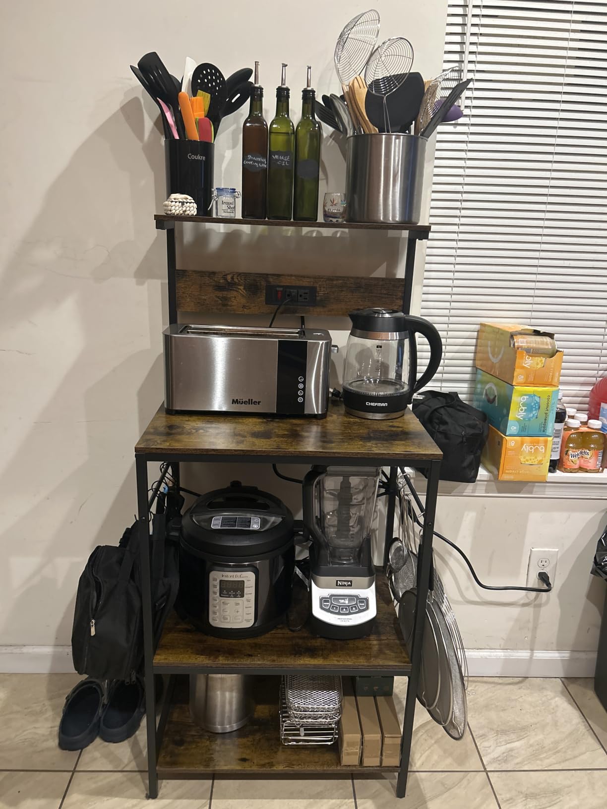 SUPERJARE Kitchen Bakers Rack with Power Outlet, Coffee Bar Table 4 Tiers, Kitchen Microwave Stand with 6 S-shaped Hooks, Storage Shelf Rack for Spices, Pots and Pans - Rustic Brown customer photo 2