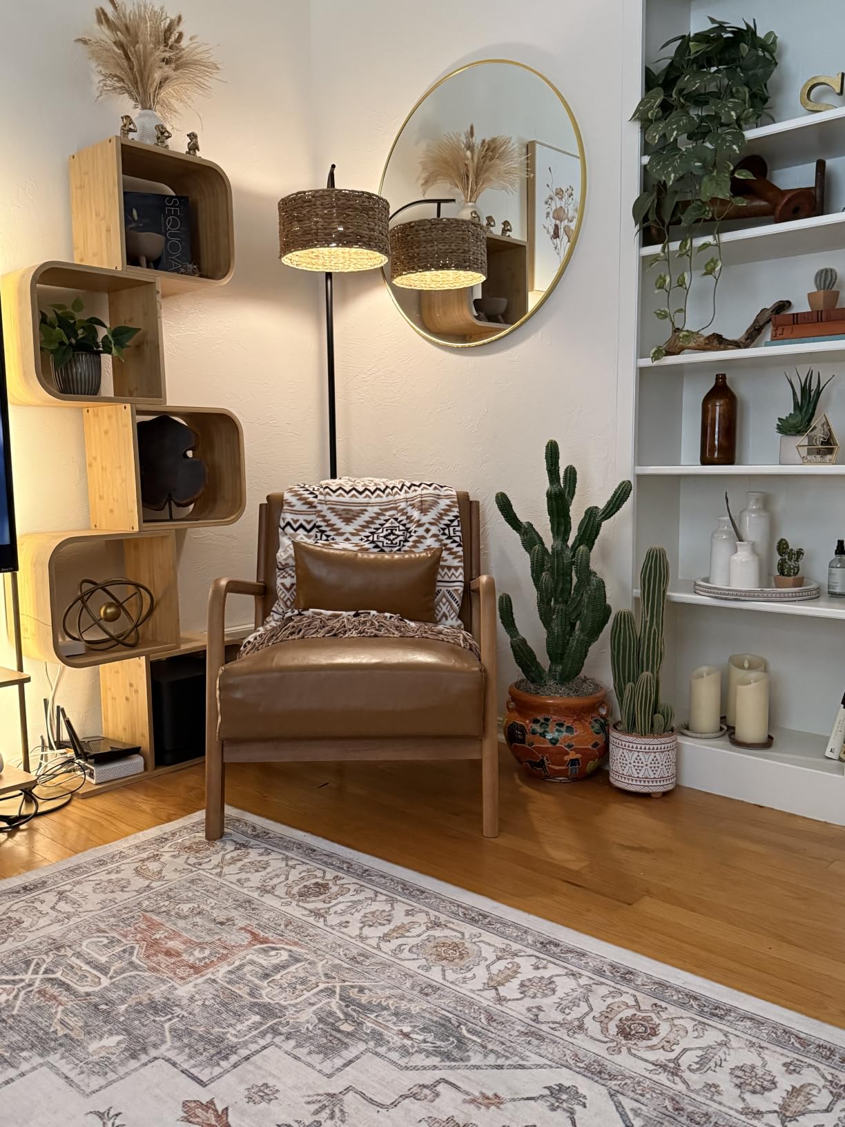 INZOY Mid Century Modern Accent Chair with Wood Frame, PU Leather Reading Armchair with Waist Cushion, Upholstered Living Room Chairs for Bedroom Sunroom (Camel) customer photo 1