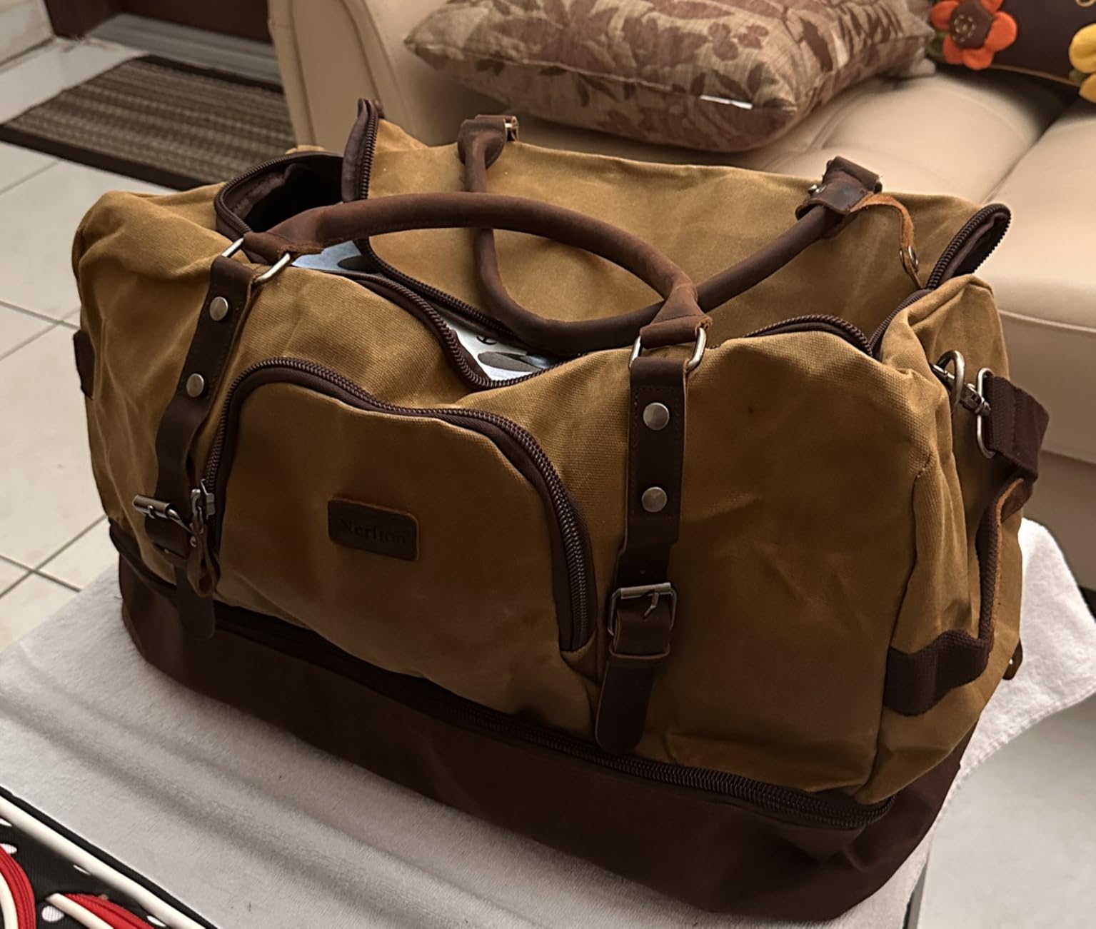 Nerlion Weekender Bag with Shoe Compartment Large Overnight Bag for Men Canvas Genuine Leather Carry on Luggage Bag Travel Duffel Bag (Brown) customer photo 1