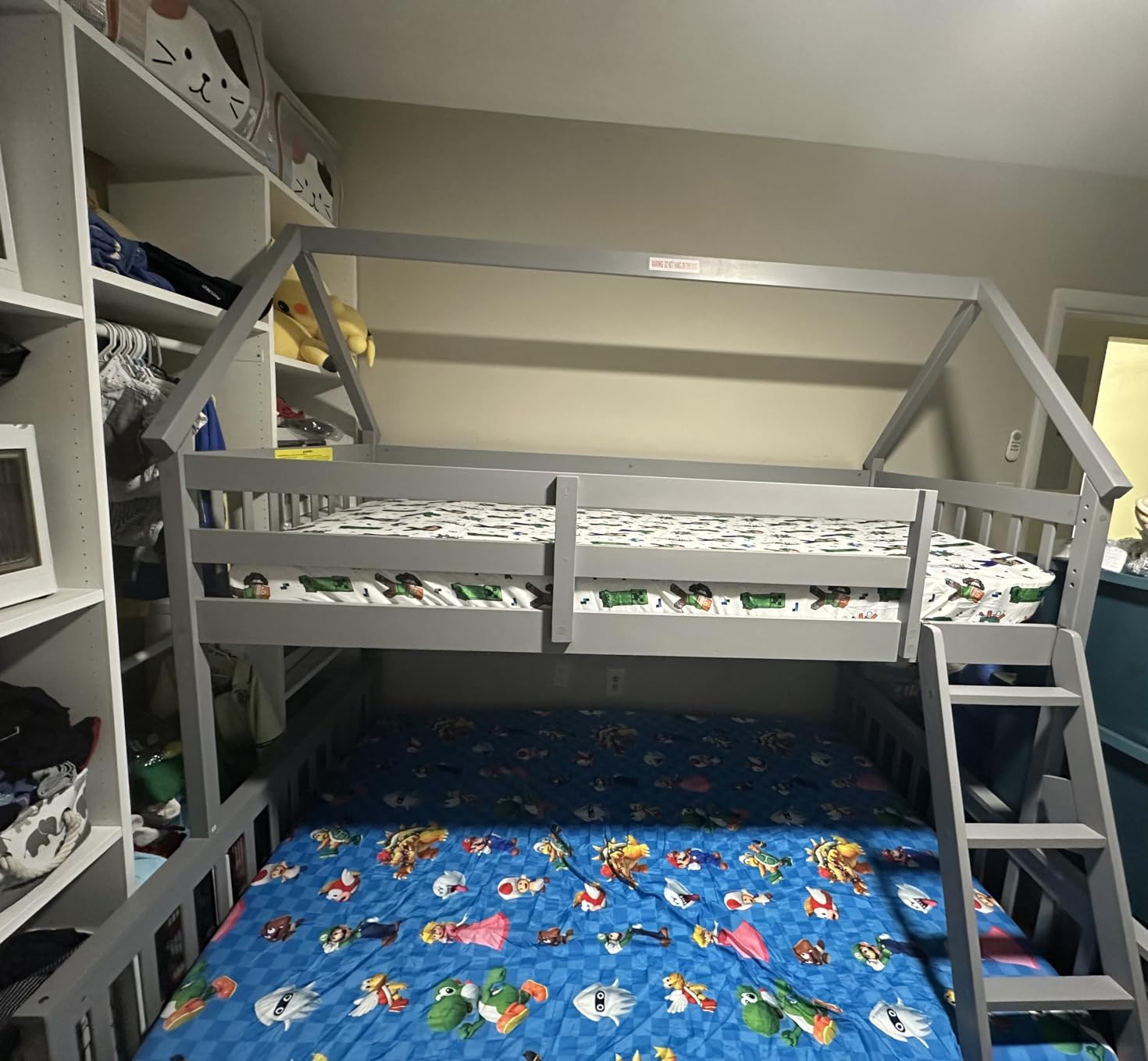 KOMFOTT Wood Twin Over Full House Bunk Bed with Built in Ladder, Solid Pine Wood Bunk Bed Frame with Safety Guardrails, House Bunk Bed Frame for Kids, Teens, Juniors, No Box Spring Needed (Grey) customer photo 1