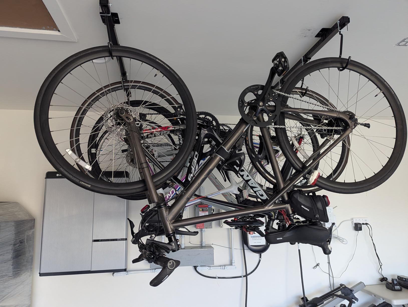 Teal Triangle Ceiling Mounted Bike Rack for Garage - Premium Bicycle Stand & Hanger for Space-Saving Storage | Adjustable Ceiling Hooks Hold 4-8 Bikes - Indoor Bicycle Rack System for basement customer photo 1