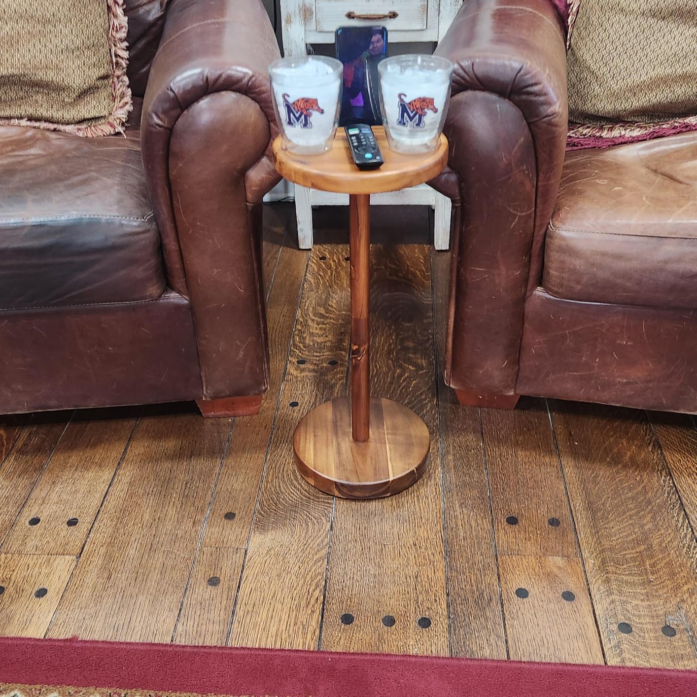 Pedestal Side Table, Acacia Drink Table with Weighted Base, Small Round Side Table with Phone Holder, Martini & Cocktail Pedestal End Table customer photo 2