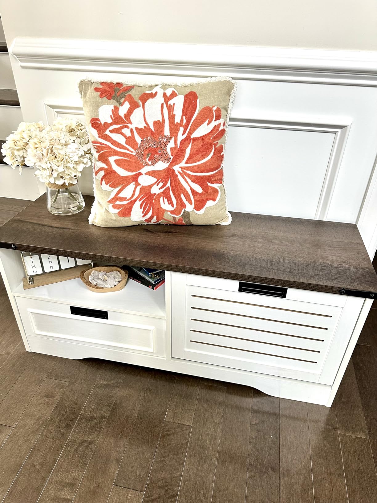 FATORRI Bench with Shoe Storage for Entryway, Wooden Shoe Benches with Flip Door and Drawers, Entry Way Shoes Organizer Cabinet for Living Room Mudroom (Dark Walnut) customer photo 2