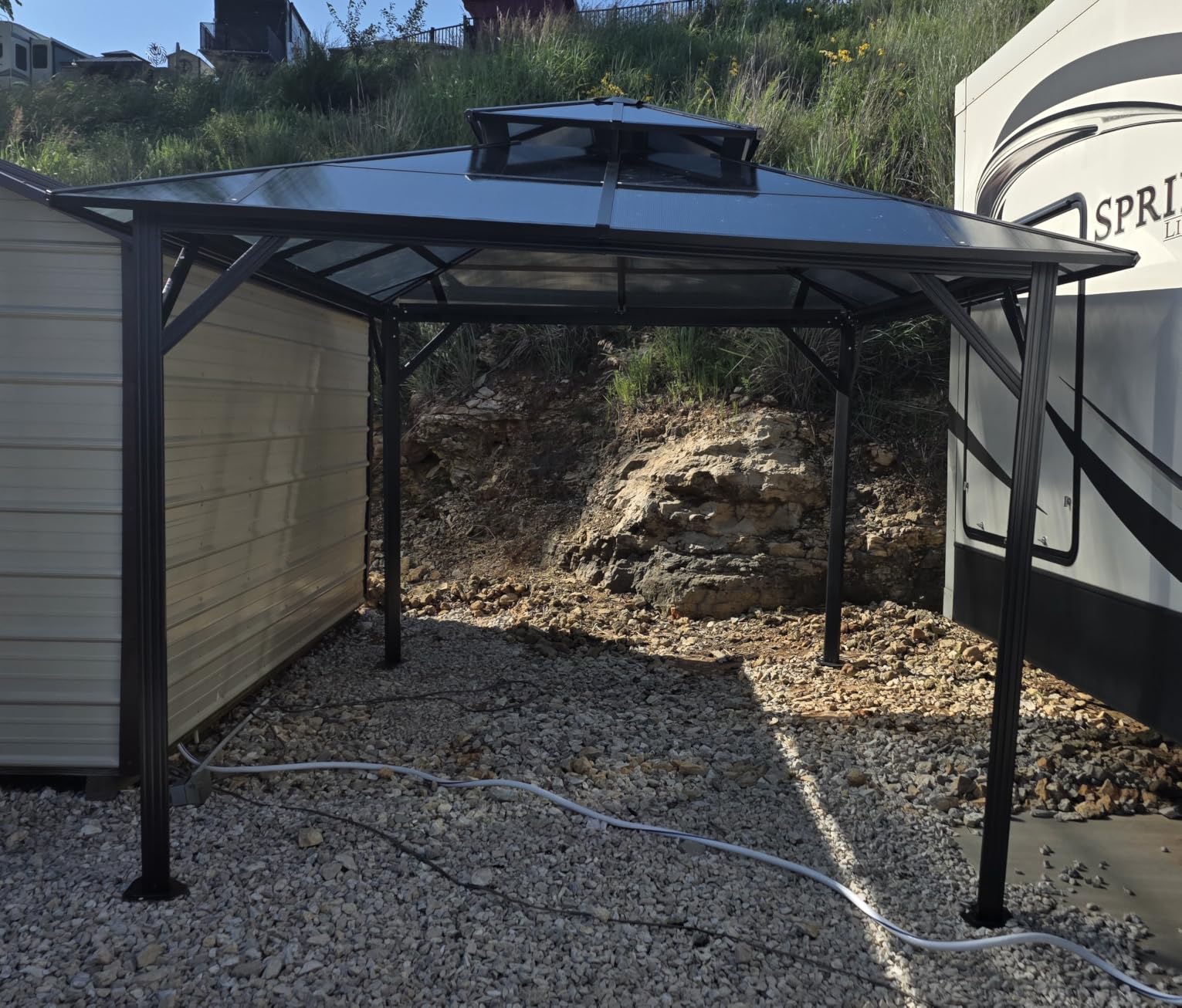 Aoxun 12'x10' Hardtop Gazebo, Metal Frame Permanent Pavilion with Curtains and Netting, Outdoor Polycarbonate Double Roof Canopy, Designed for Garden, Lawns, Patio, Brown customer photo 1