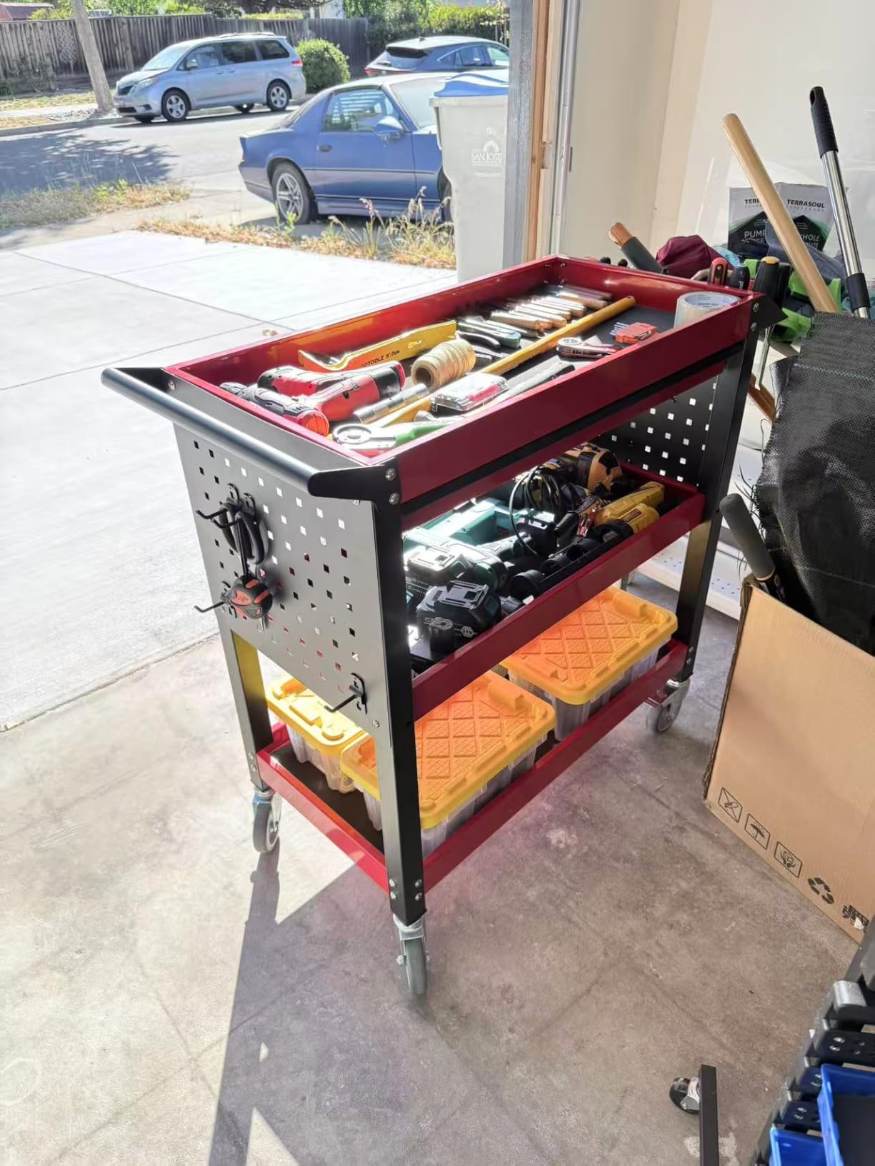 3-Tier Heavy Duty Metal Rolling Tool Cart with Drawers, Red Black | 660 Lbs Capacity, Pegboards, Locking Casters customer photo 2