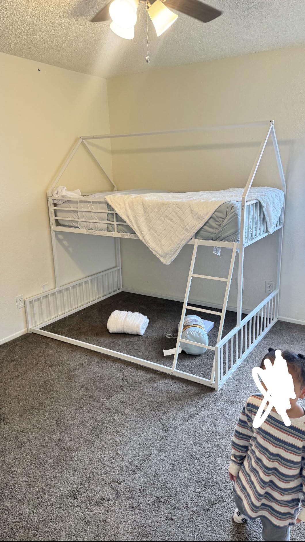 LIKIMIO Bunk Bed Twin Over Full, House Bed Frame with Ladder, Black | Twin Over Full House-Shaped Bunk Bed. Metal Frame with Guardrail. 350 lb upper, 450 lb lower. No Box Spring. customer photo 2