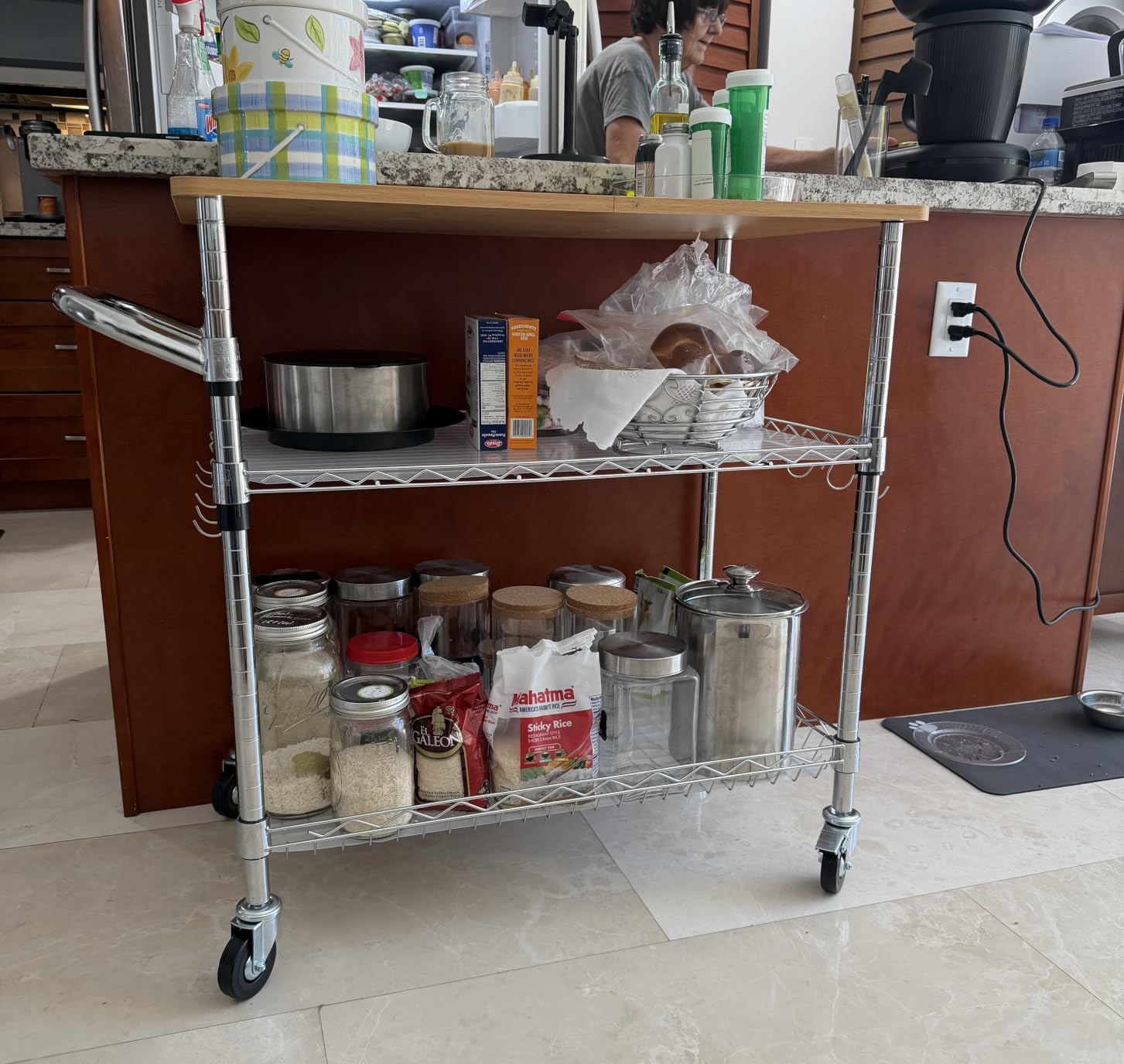 Rolling Kitchen Carts with Wheels, 3-Tier Utility Cart with Wood Tabletop | NSF Commercial Metal Serving Cart with Handle and Shelf Liner for Kitchen Snacks, 34