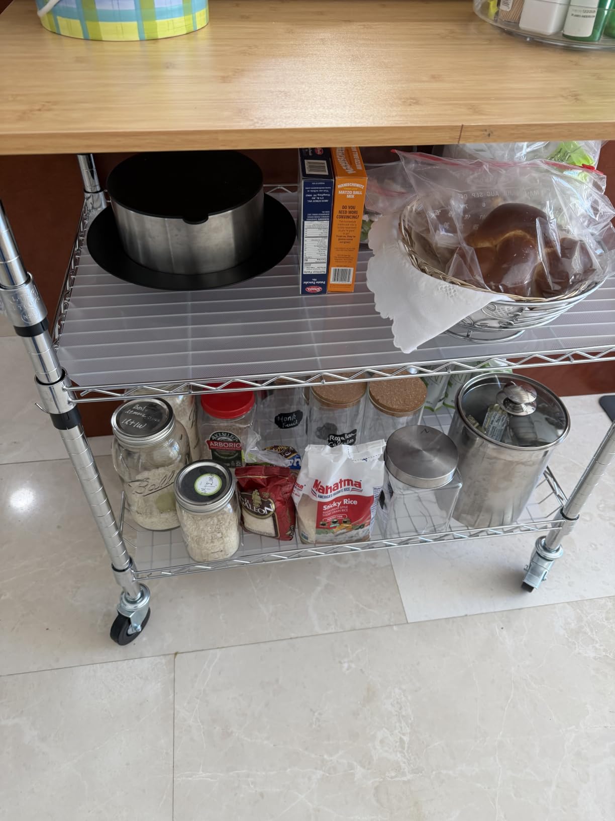 Rolling Kitchen Carts with Wheels, 3-Tier Utility Cart with Wood Tabletop | NSF Commercial Metal Serving Cart with Handle and Shelf Liner for Kitchen Snacks, 34