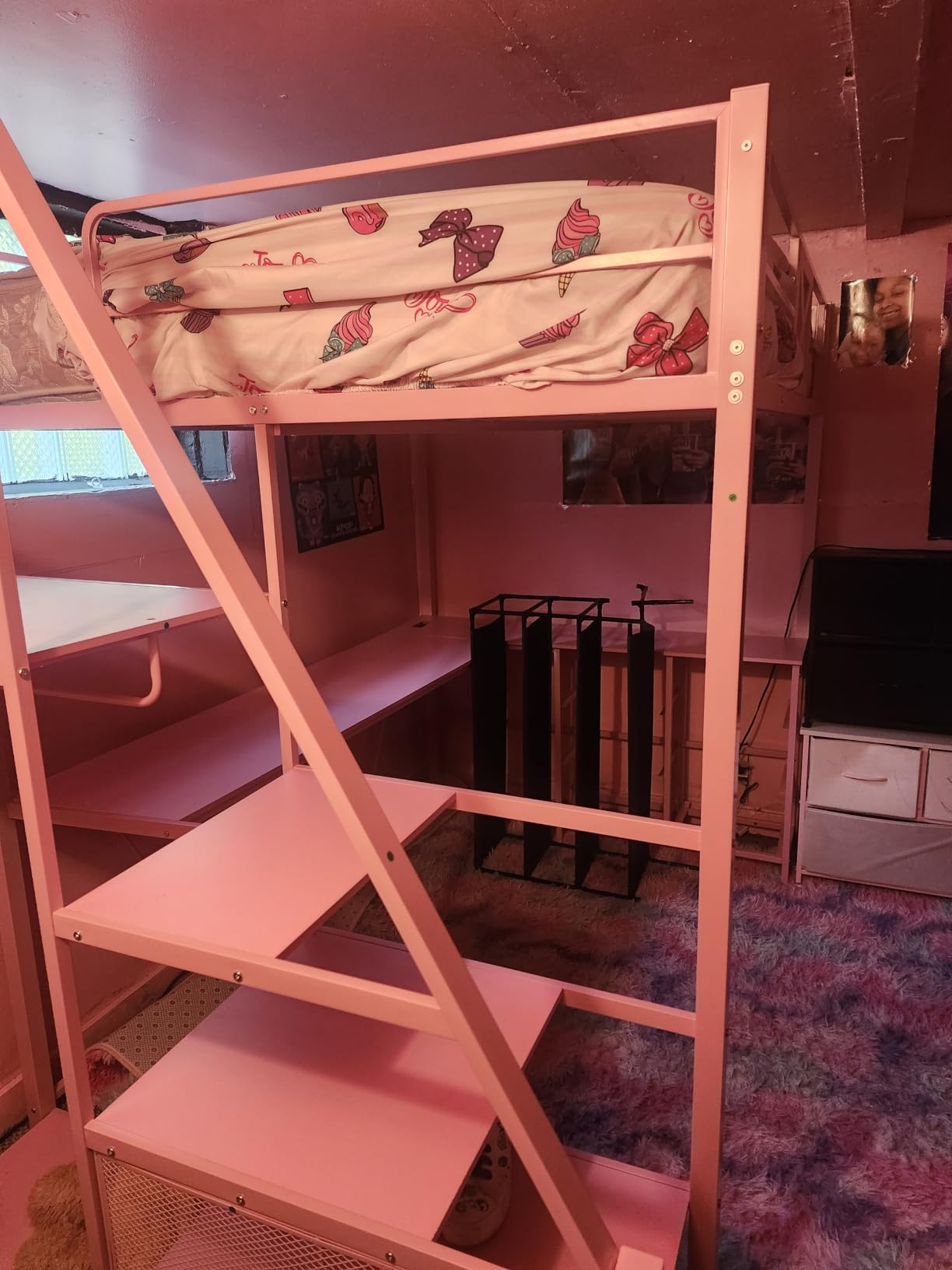 Itaar Full Size Loft Bed with Desk and Storage Stairs, Metal Loft Bed with 6 Storage Drawers, Hall Tree, LED Lights and Power Outlet, for Kids, Teens, Adults, (White, Full) customer photo 1