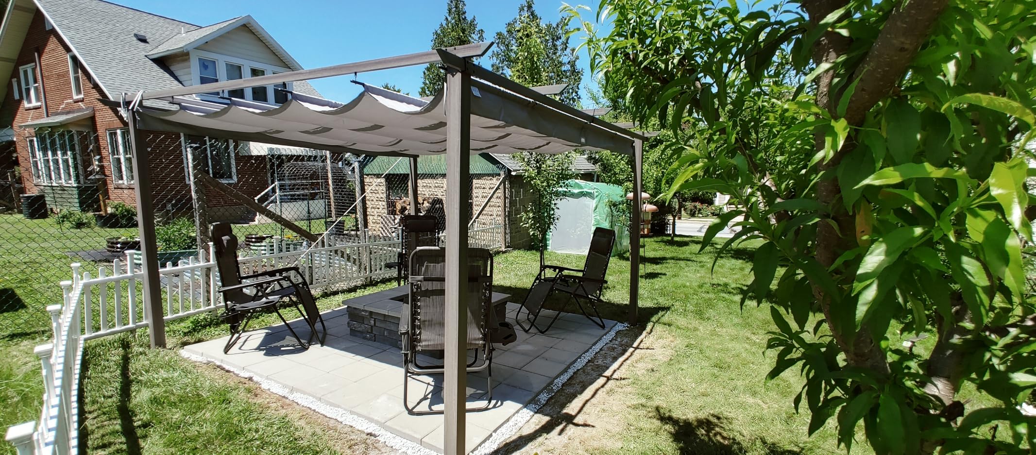 HAPPATIO 10' X 13' Wood-Grain Retractable Pergola with Sun Shade Canopy, Patio Aluminum Frame Shelter for Backyards, Gardens, Porch, Includes Ground Studs and Expansion Screws (Beige) customer photo 1
