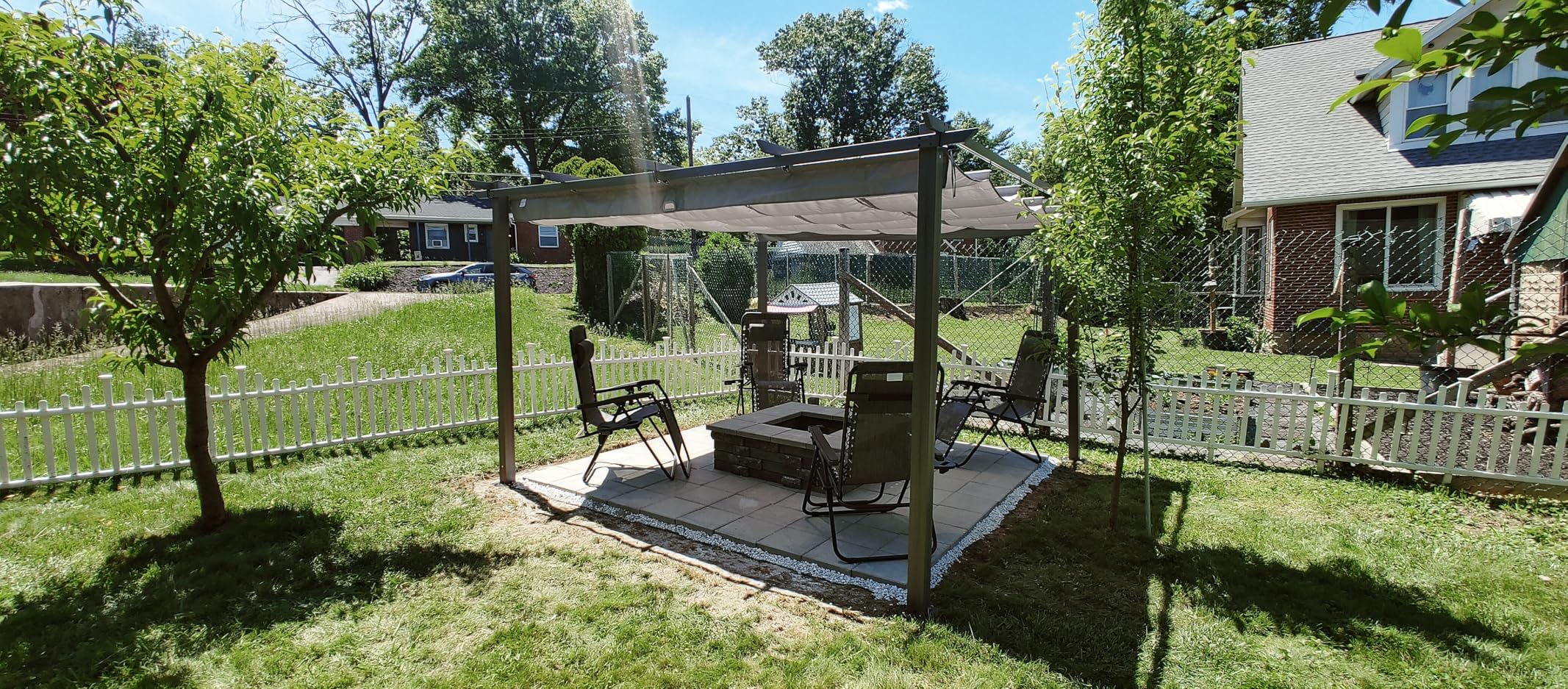 HAPPATIO 10' X 13' Wood-Grain Retractable Pergola with Sun Shade Canopy, Patio Aluminum Frame Shelter for Backyards, Gardens, Porch, Includes Ground Studs and Expansion Screws (Beige) customer photo 2