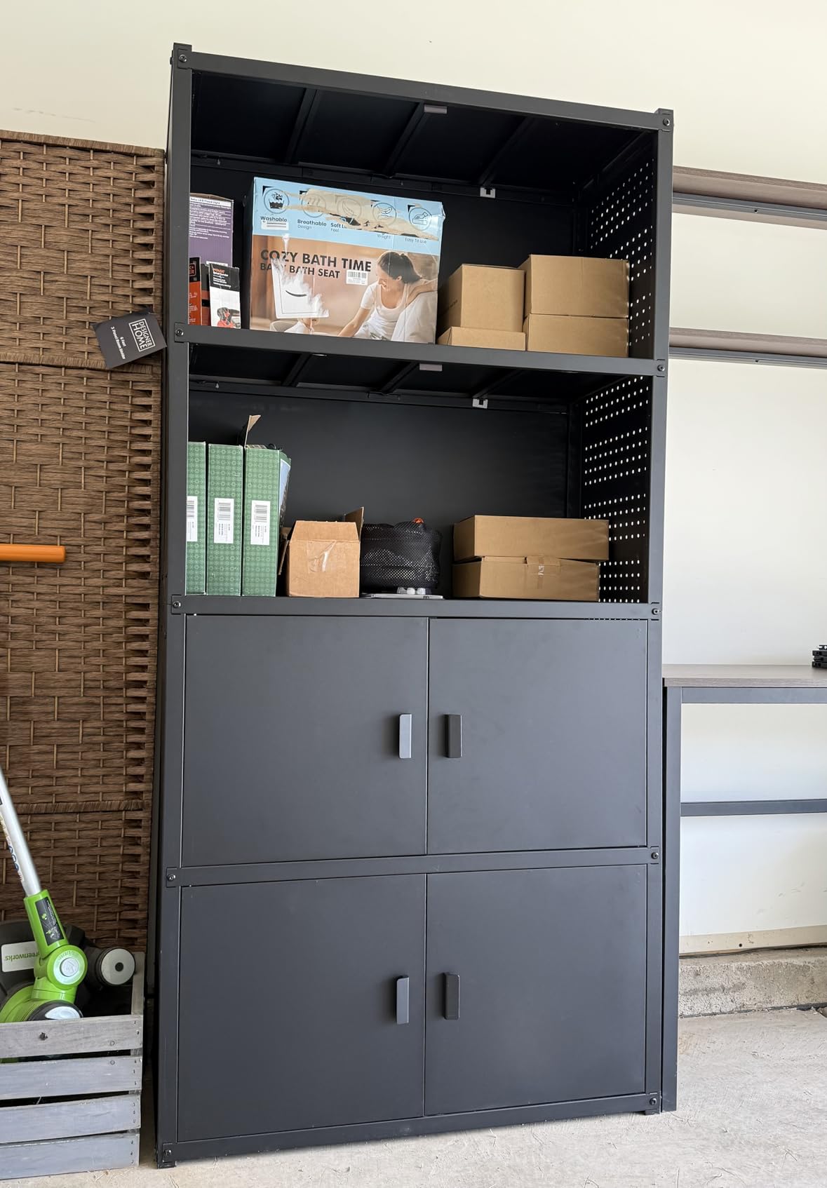FLEXIMOUNTS Garage Storage Cabinet System, 3-in-1 Modular Metal Tool Cabinet w/ Workbench and Metal Board Shelf Includes Pegboard, 24-Gauge Steel, 117