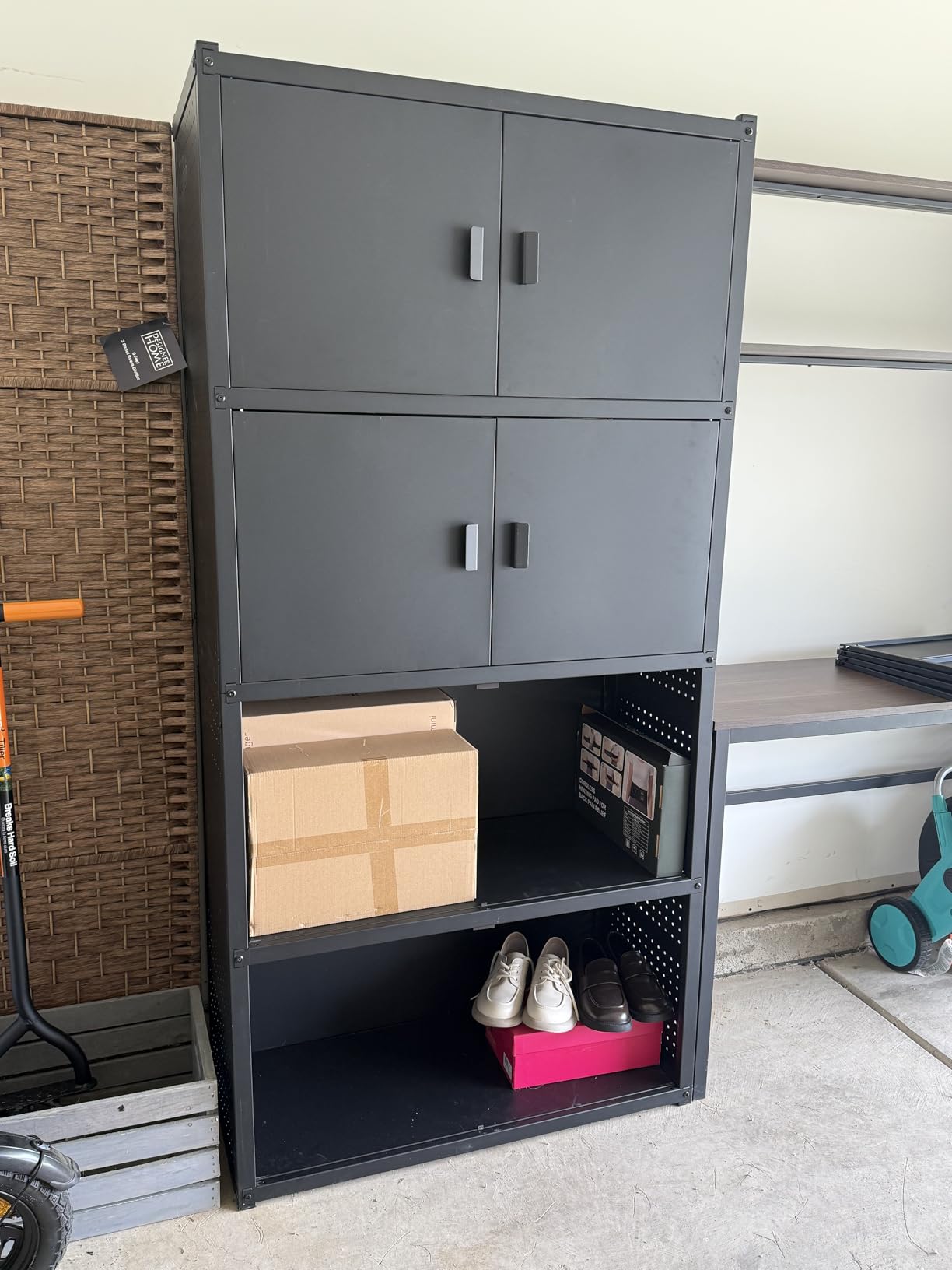 FLEXIMOUNTS Garage Storage Cabinet System, 3-in-1 Modular Metal Tool Cabinet w/ Workbench and Metal Board Shelf Includes Pegboard, 24-Gauge Steel, 117