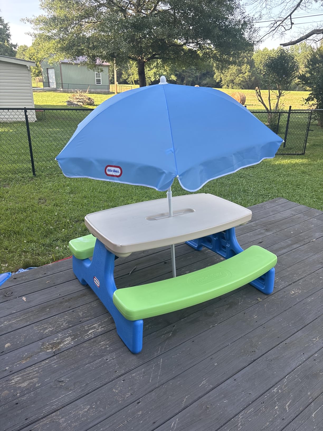 Little Tikes Easy Store Jr. Picnic Table with Umbrella, Blue/Green customer photo 1