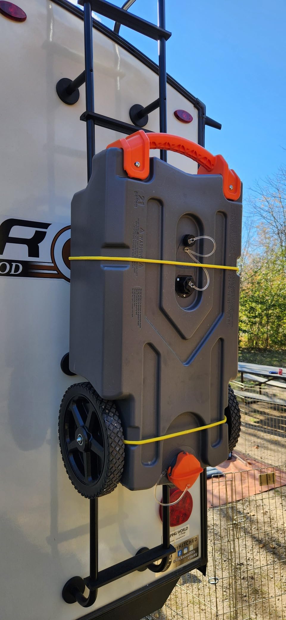 Camco Rhino 36-Gallon RV Tote Tank - Heavy-Duty No-Flat Wheels, Built-in Gate Valve, Tow Adapter, Sewer Hose (39006) customer photo 1