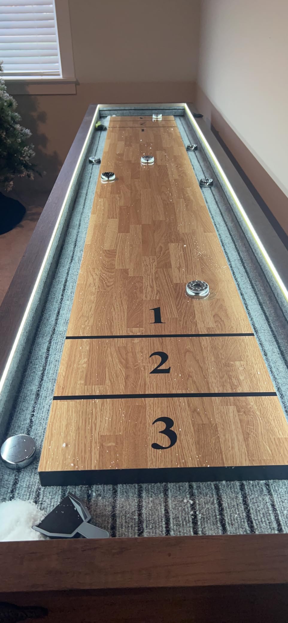 American Legend Kirkwood 9' Shuffleboard Table with LED Rails, Bowling Game Set, Rustic Wood Finish & Accessories Included customer photo 2