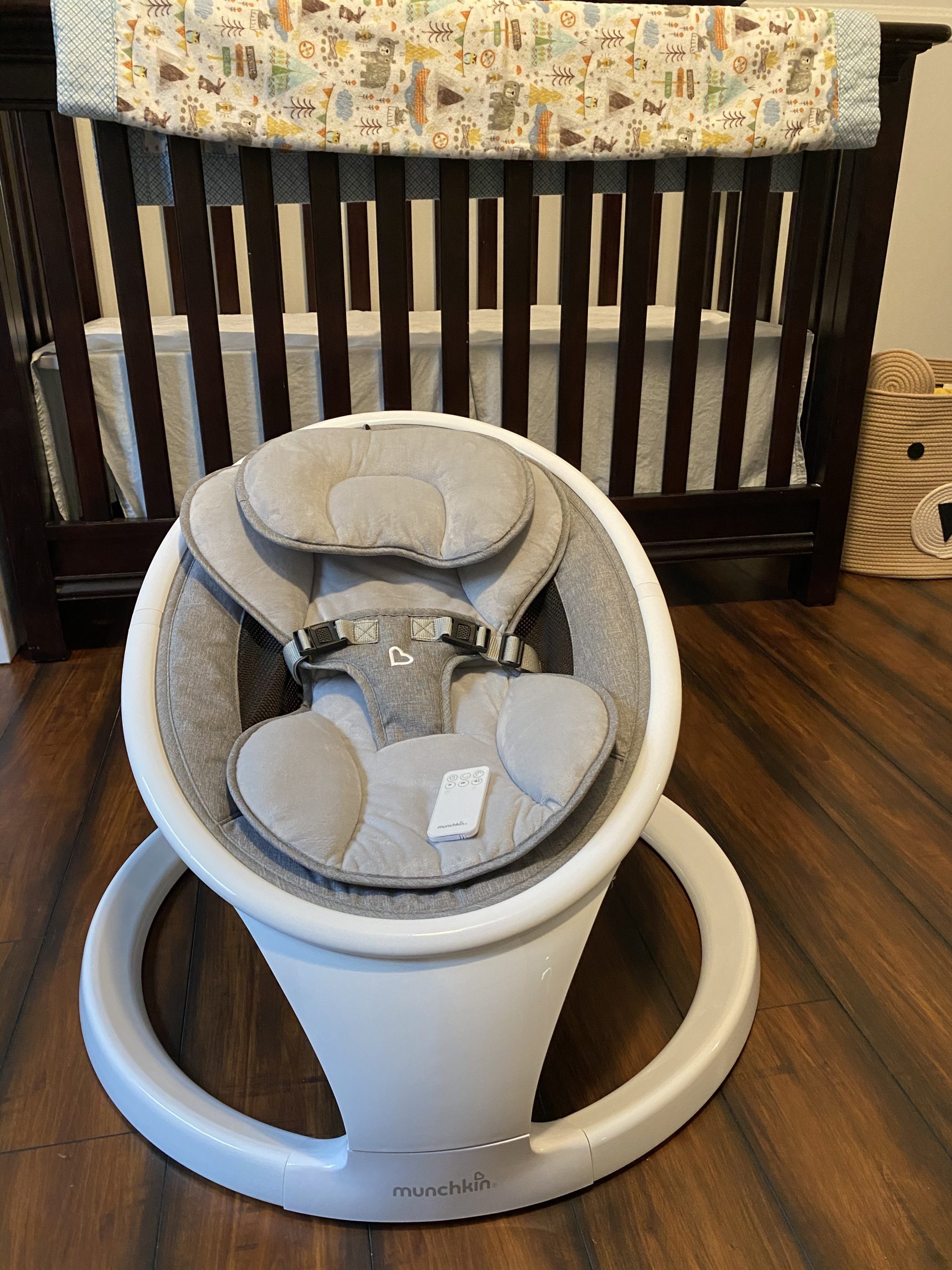 Munchkin Electric Baby Swing, Portable and Lightweight, Bluetooth Enabled Infant Rocker with Natural Sway in 5 Ranges of Motion, Newborn Nursery Essentials, White/Grey customer photo 2