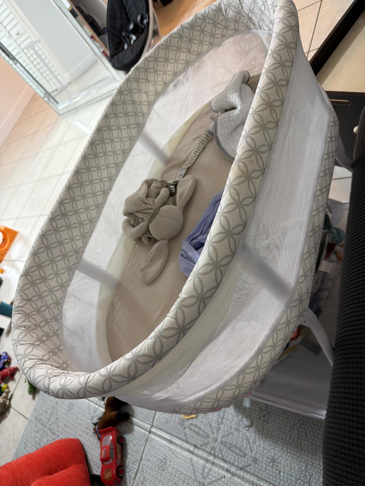 Delta Children Sweet Dreams Bassinet with Airflow Mesh Bedside Portable Crib with Vibration Lights and Music, Grey Infinity customer photo 1