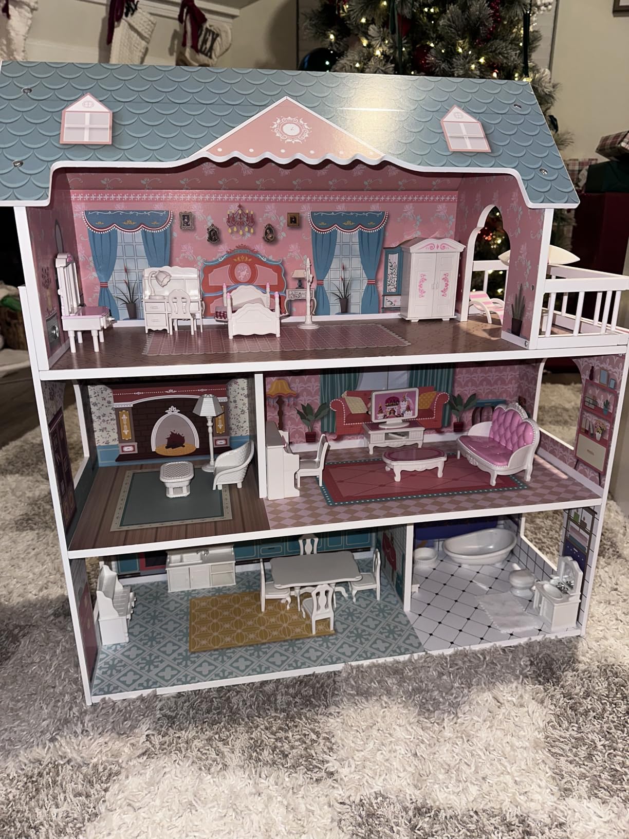 ROBOTIME Doll House Wooden Dollhouse for Kids 3 4 5 6 Years Old, Doll House w/28PCS Furniture Plastic, for 3.3