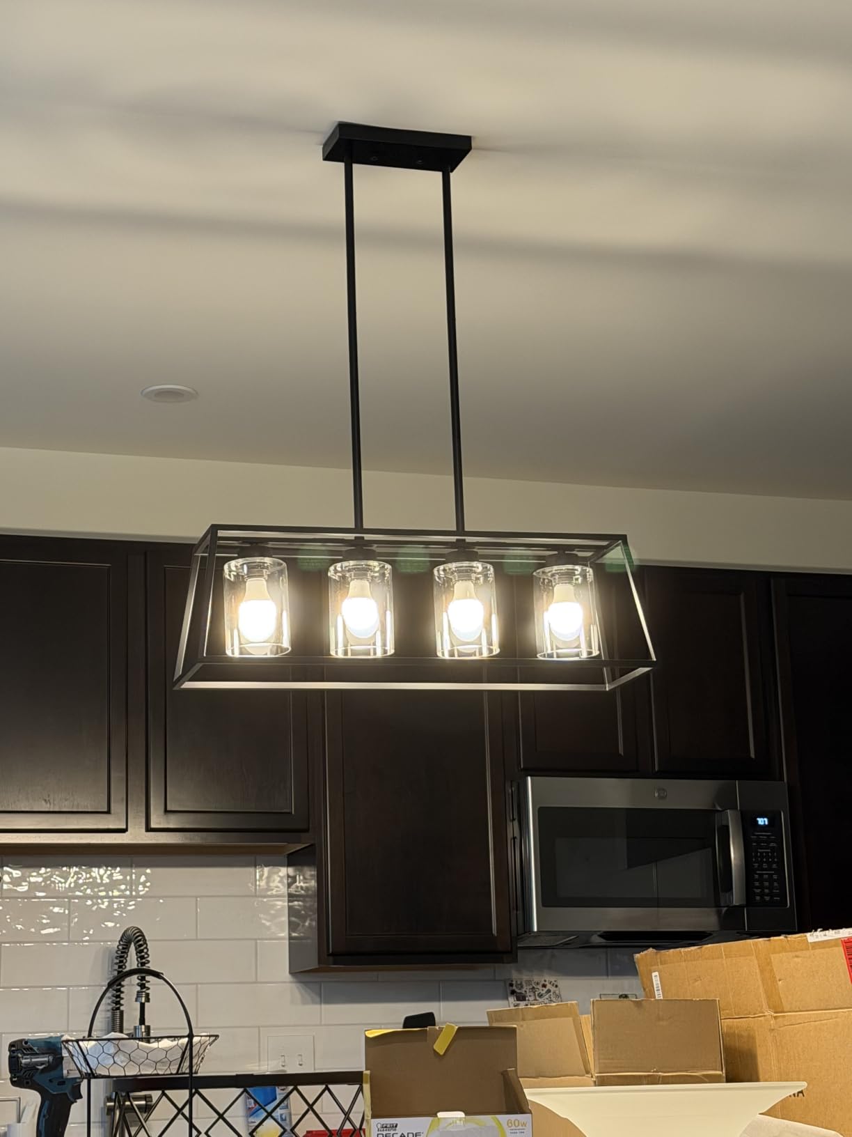4-Light Black Farmhouse Rectangle Chandelier with Clear Glass Shade, Height Adjustable Linear Pendant customer photo 1