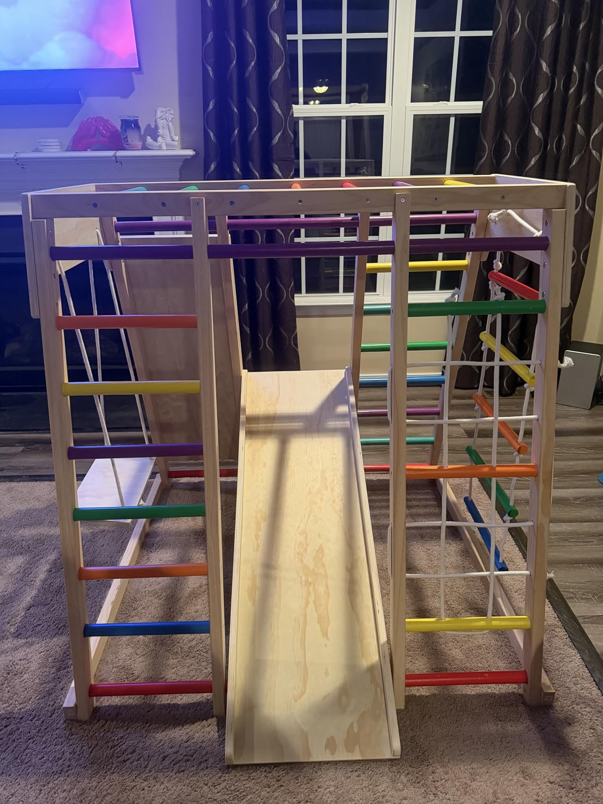 7 in 1 Pikler Indoor Playground Jungle Gym Playset, Wooden Montessori Climber with Slide, Rock Climb Wall, Monkey Bars, Rope Ladder, Climbing Rope and Swing for Kids(Rainbow) customer photo 1
