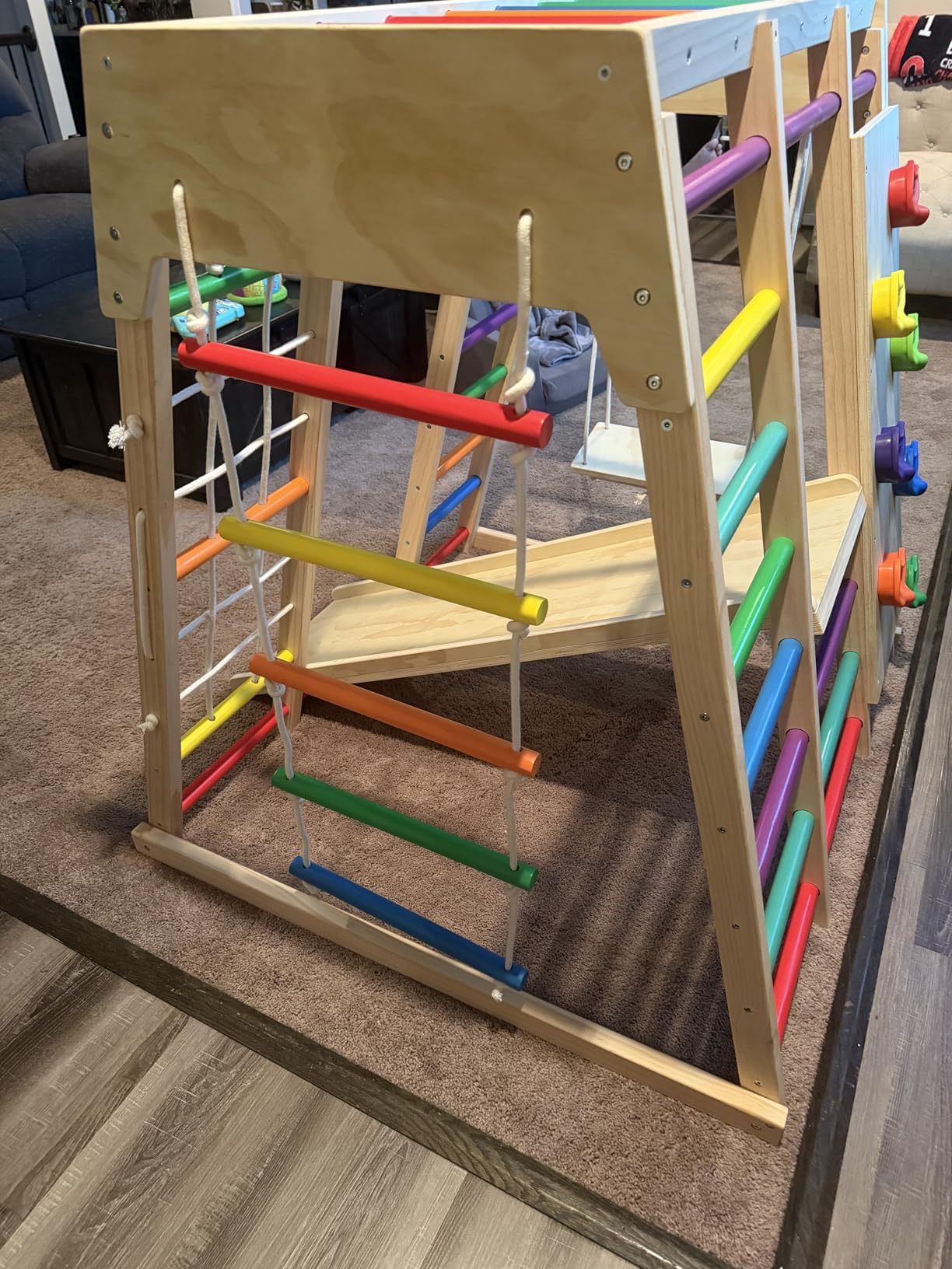 7 in 1 Pikler Indoor Playground Jungle Gym Playset, Wooden Montessori Climber with Slide, Rock Climb Wall, Monkey Bars, Rope Ladder, Climbing Rope and Swing for Kids(Rainbow) customer photo 2