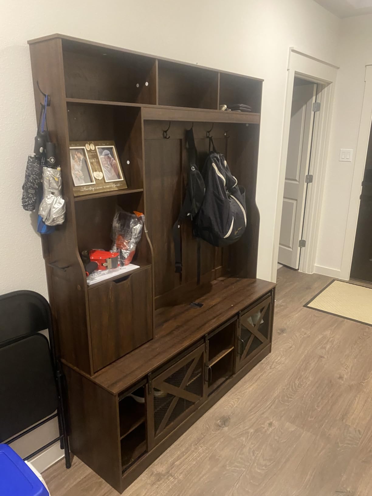75''H 59''W Large LED Farmhouse Hall Tree with Bench and Shoe Storage, Entryway Bench with Coat Rack, 16 Shoe Cubbies & Umbrella Holder and Sock Storage Drawer, Mudroom/Hallway Storages Cabinet (Black) customer photo 1