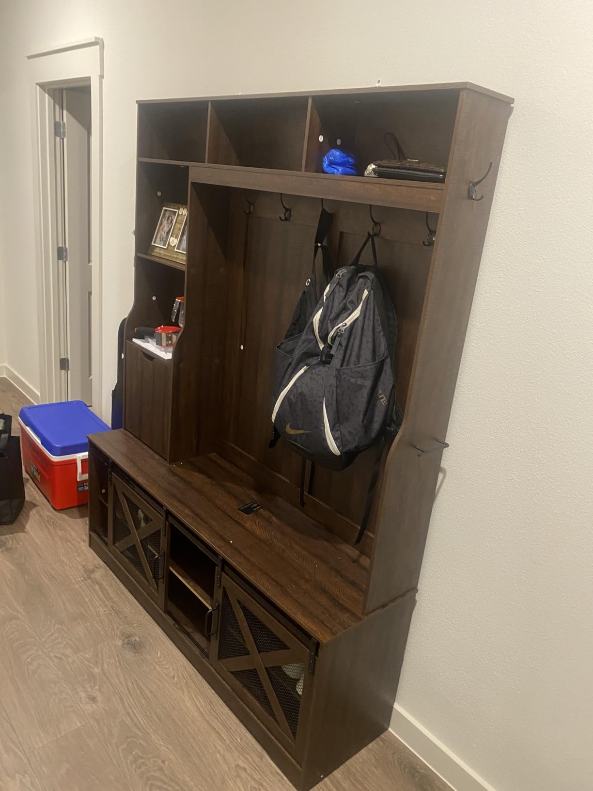 75''H 59''W Large LED Farmhouse Hall Tree with Bench and Shoe Storage, Entryway Bench with Coat Rack, 16 Shoe Cubbies & Umbrella Holder and Sock Storage Drawer, Mudroom/Hallway Storages Cabinet (Black) customer photo 2