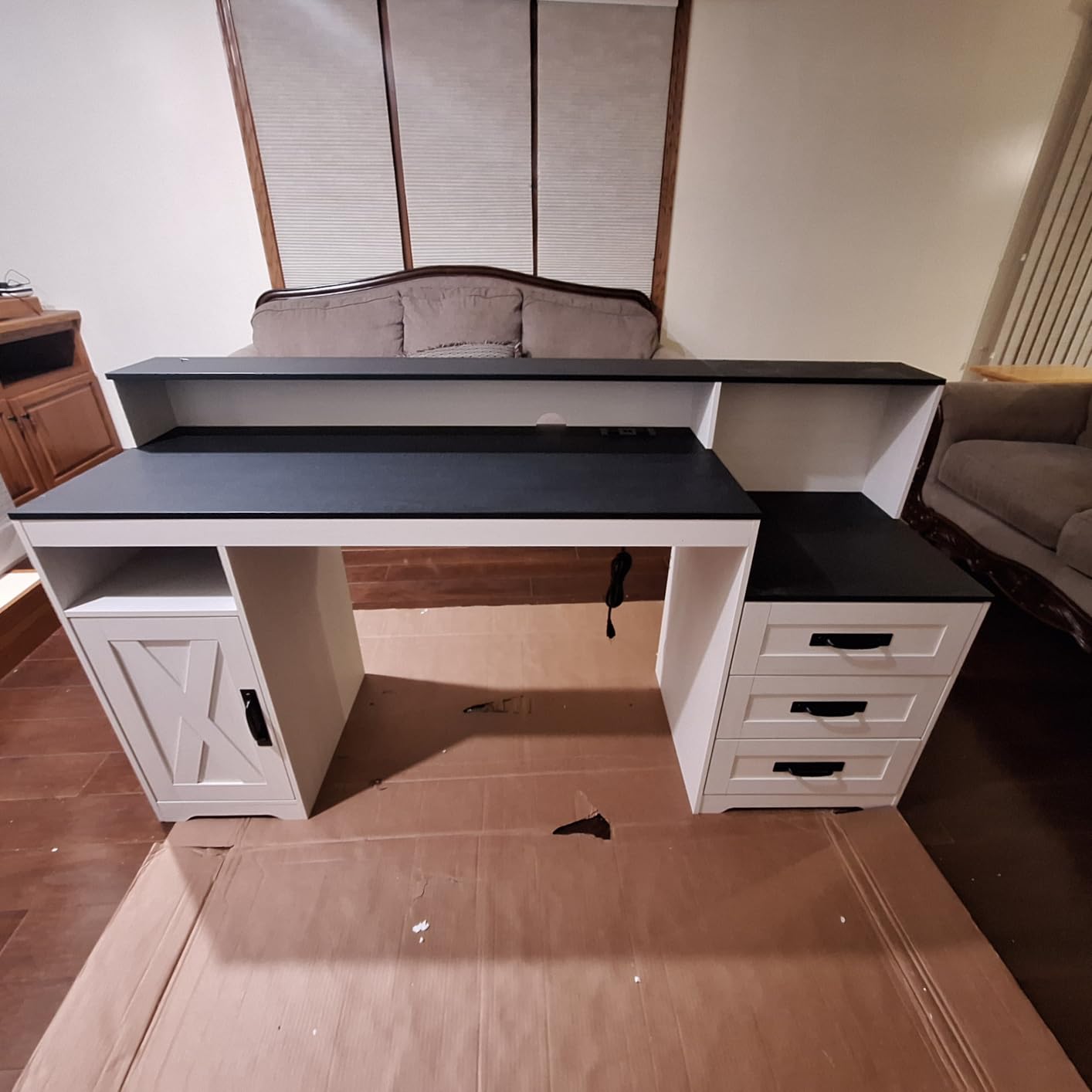 TVU Farmhouse Computer Desk with Drawers, 65'' Home Office Desk with Power Outlets, Storage Cabinet and Printer Stand, Study Writing Desks with Long Monitor Stand, Brown and White customer photo 1