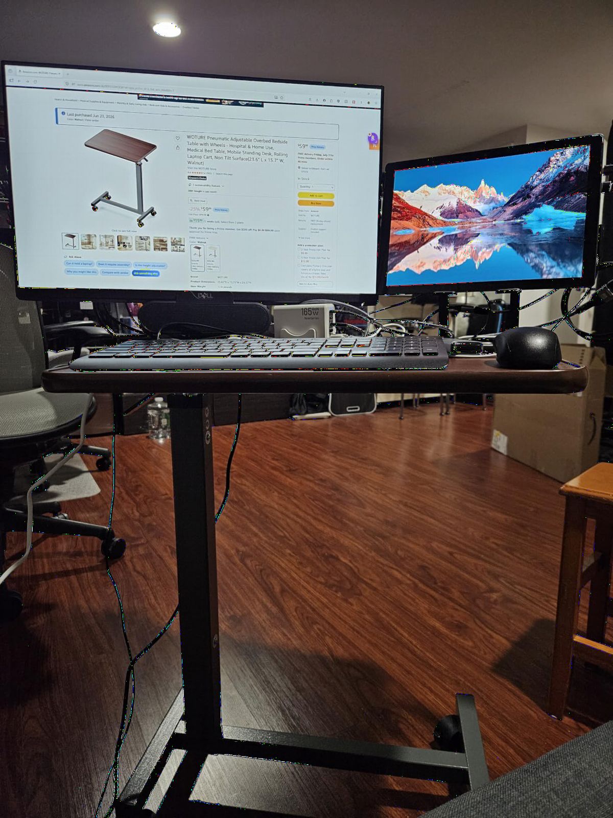 WOTURE Pneumatic Adjustable Overbed Bedside Table with Wheels - Hospital & Home Use, Medical Bed Table, Mobile Standing Desk, Rolling Laptop Cart, Non Tilt Surface(23.6