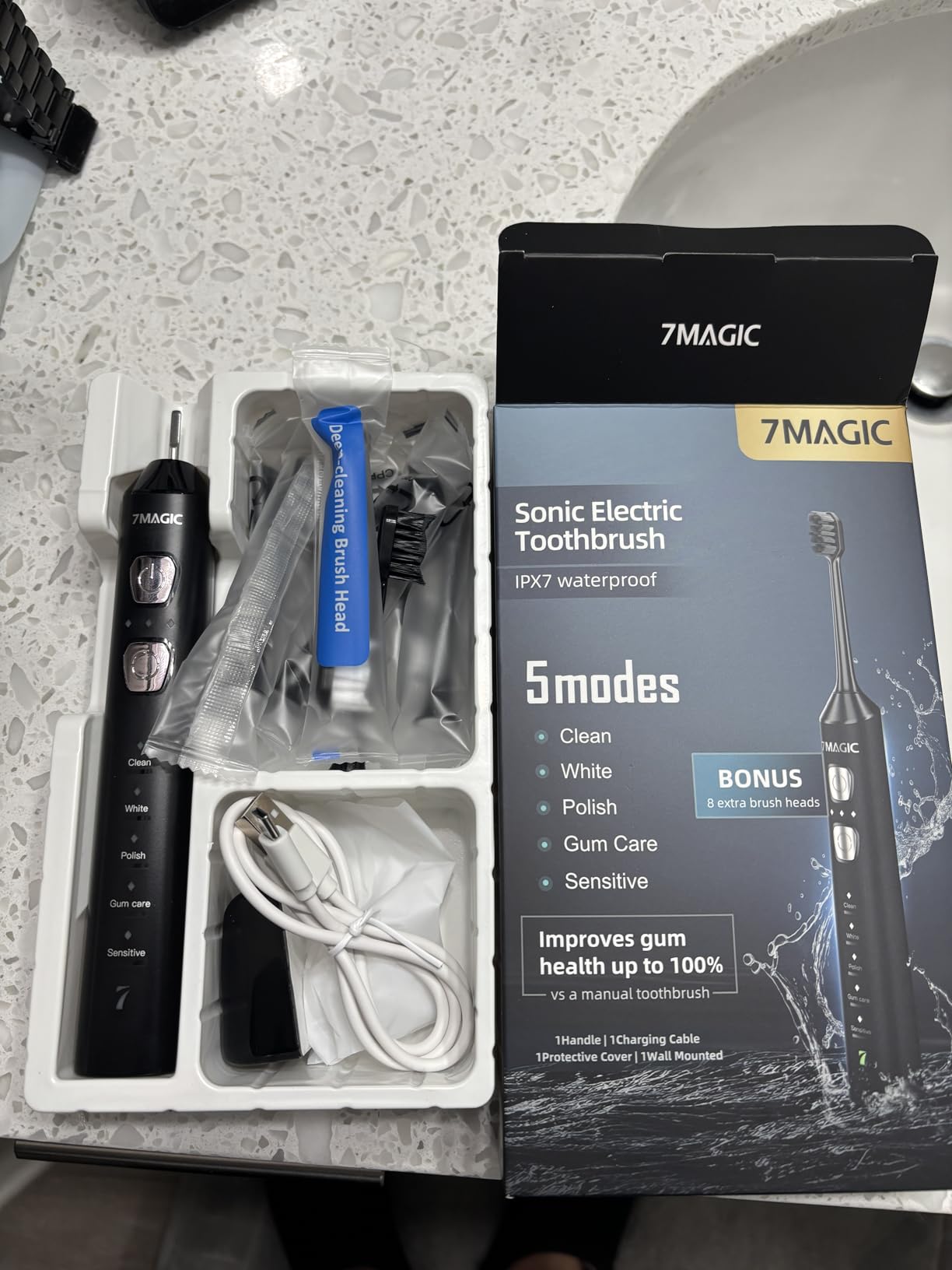 7MAGIC Sonic Electric Toothbrush, 180-Day Runtime, 42000 VPM, 8 Heads, Blue | For Adults & Kids, 5 Modes, 3 Intensities, Sensitive Teeth & Braces Care, Smart Timer, IPX7 Waterproof, USB-C Charging customer photo 2