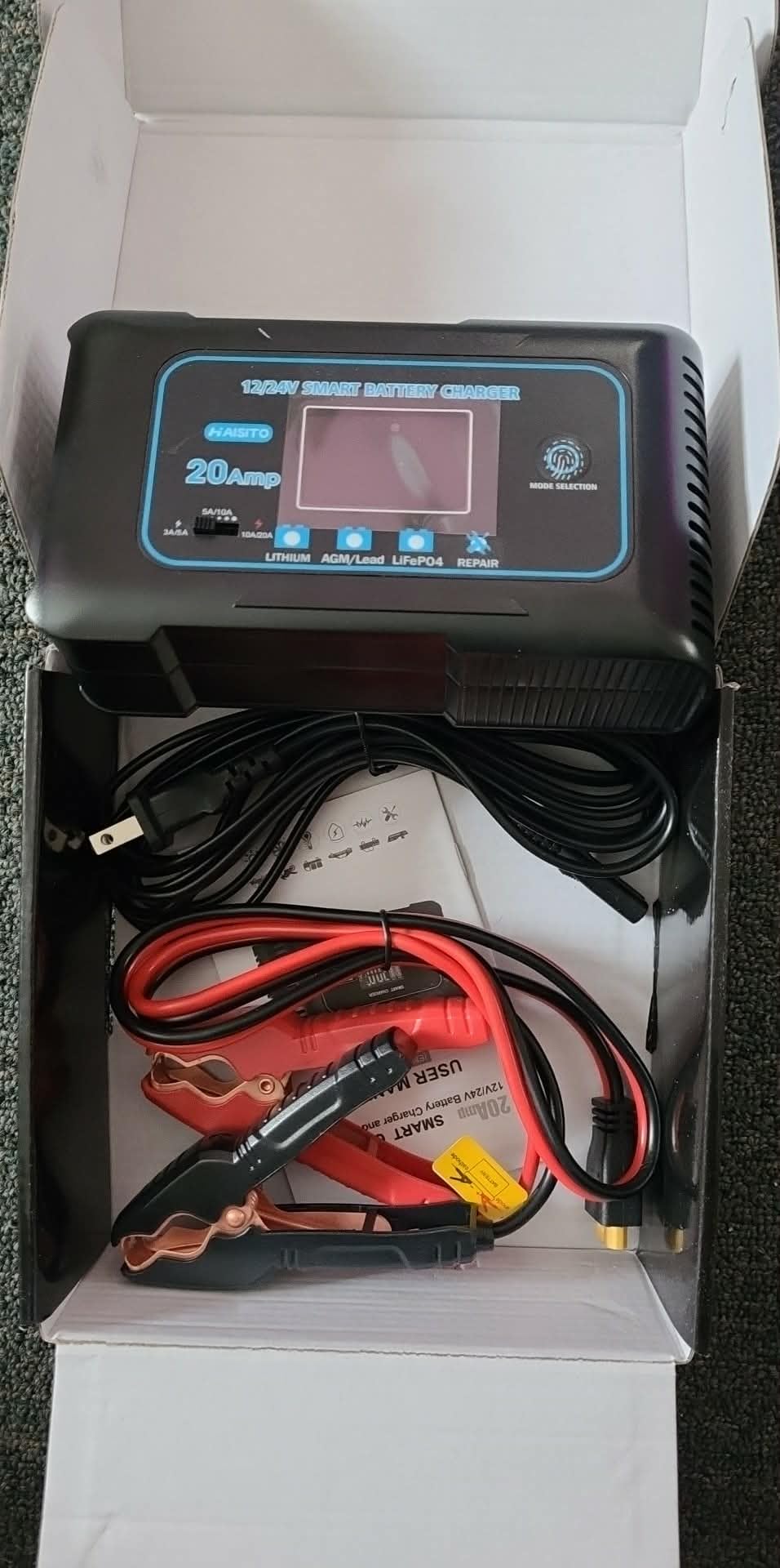Haisito 20-Amp Smart Battery Charger (Lithium LiFePO4 & Lead-Acid), 12V/24V Rapid Automotive Car Charger with Temperature Compensation - Trickle Maintainer for Boat, Truck, RV, Lawn Mower, Marine customer photo 1