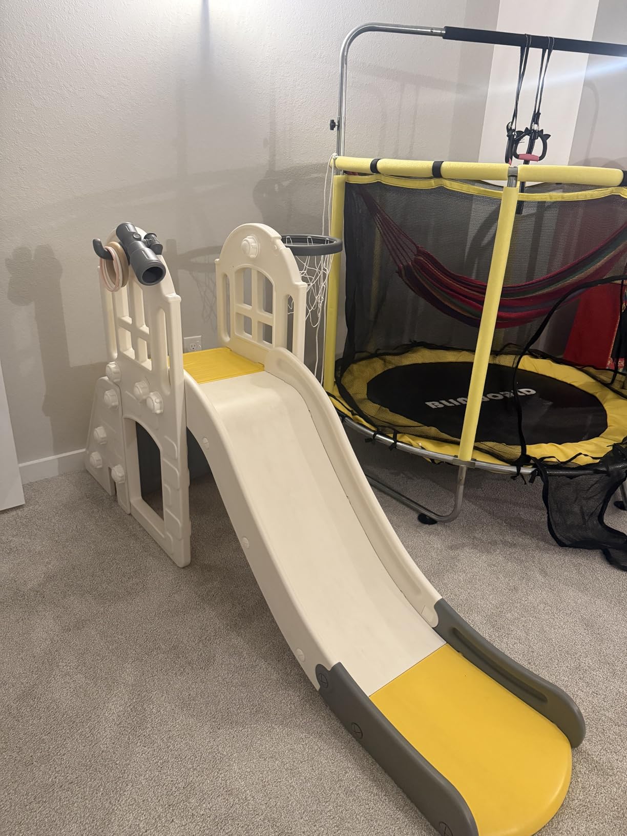 BABY JOY Toddler Slide, 6-in-1 Indoor Kids Slide Playset with Basketball Hoop, Telescope, Climbing Ladder & Storage Space, Freestanding Playhouse & Climber for Kids Aged 1-3 (Deep Blue) customer photo 1