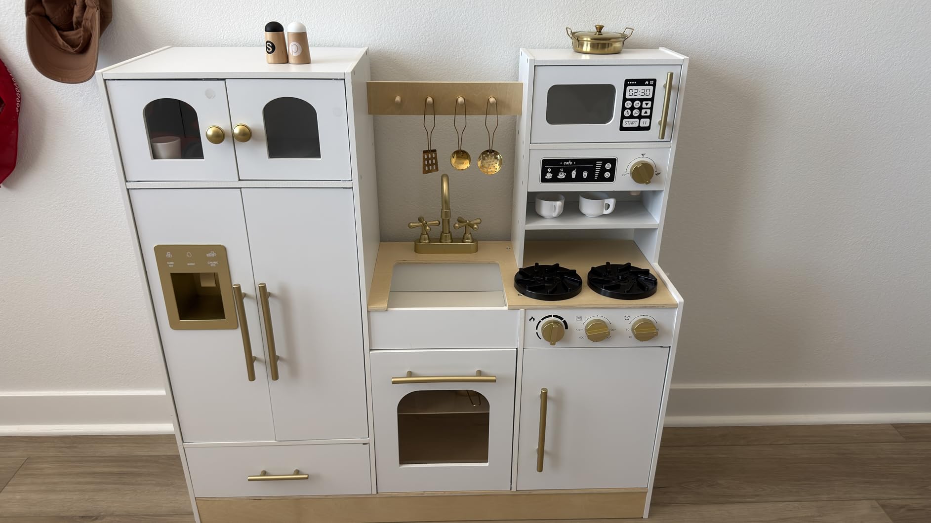 Wooden Play Kitchen Set with Tall Toy Fridge Pretend Play for Kids 3Y+ | Durable Wood Construction, Large Storage and an Elegant White-and-Gold Finish Create Organized Pretend Play customer photo 1