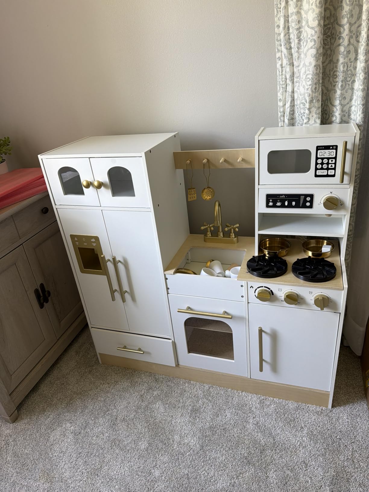 Wooden Play Kitchen Set with Tall Toy Fridge Pretend Play for Kids 3Y+ | Durable Wood Construction, Large Storage and an Elegant White-and-Gold Finish Create Organized Pretend Play customer photo 2