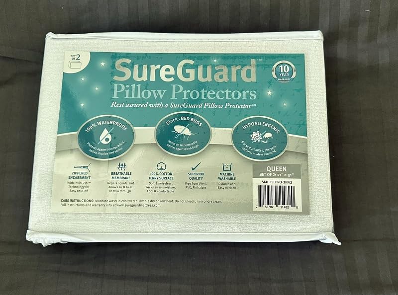 SureGuard Set of 2 Standard Size Pillow Protectors - 100% Waterproof, Bed Bug Proof, Hypoallergenic - Premium Zippered Cotton Terry Covers customer photo 2