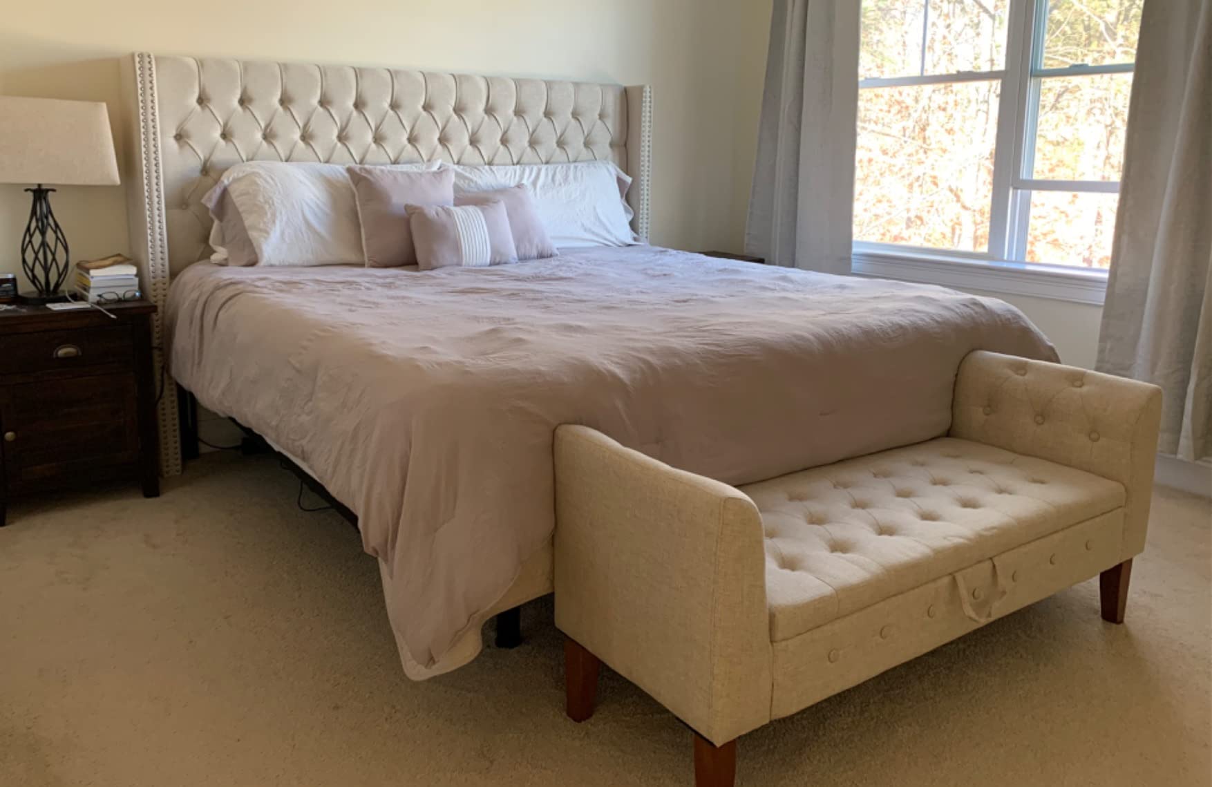Madison Park Amelia Upholstered Headboard | Nail Head Trim Wingback Button Tufted | King, Cream customer photo 1