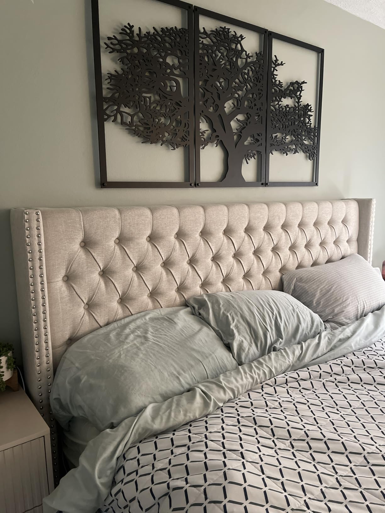 Madison Park Amelia Upholstered Headboard | Nail Head Trim Wingback Button Tufted | King, Cream customer photo 2
