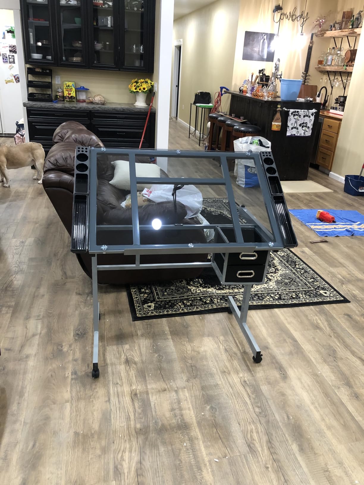 Yaheetech Glass Drafting Table with Storage, Adjustable Art Drawing Desk | Tempered glass top on a steel frame tilts 0-60° for drawing, tracing, or diamond art, plus two fabric drawers and side trays. customer photo 2