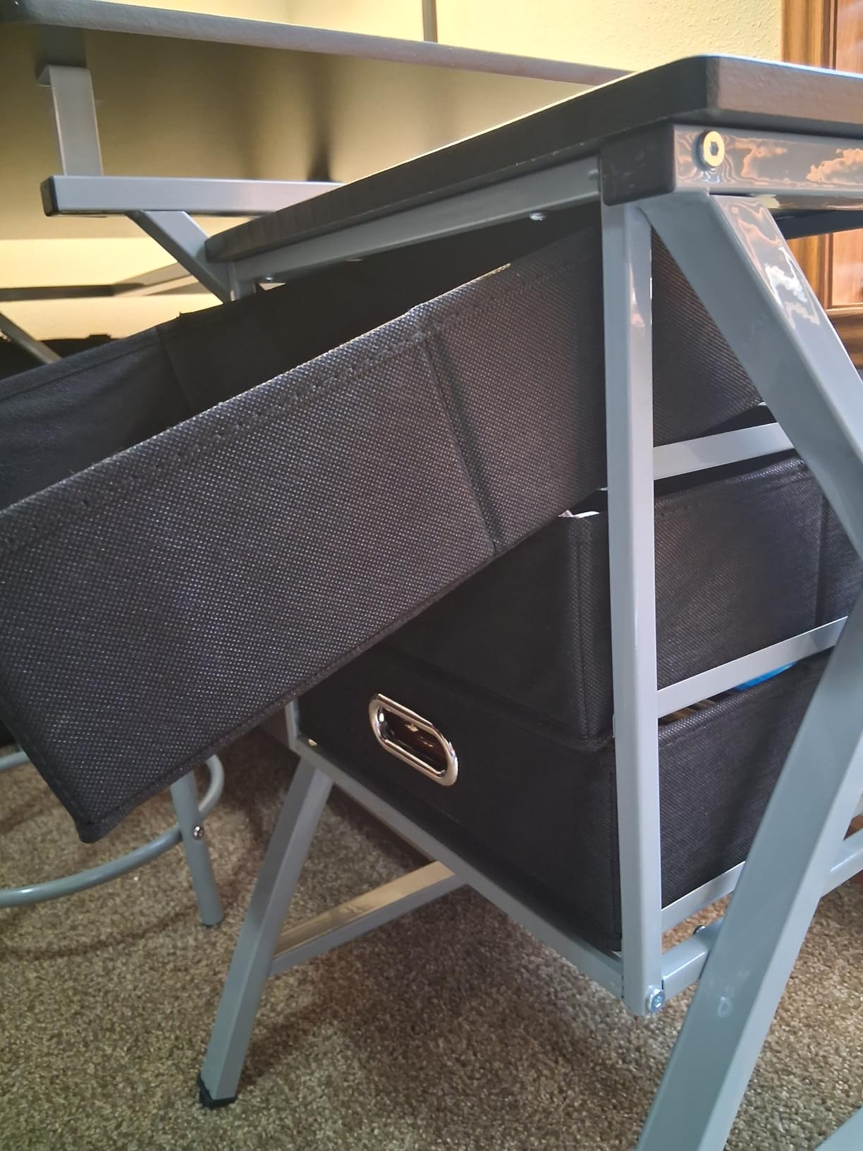 Yaheetech Drafting Table with Storage & Stool, Adjustable Art Drawing Desk | MDF tabletop on a steel frame tilts 0-60° for drawing or diamond painting, with three fabric drawers and padded round stool. customer photo 1