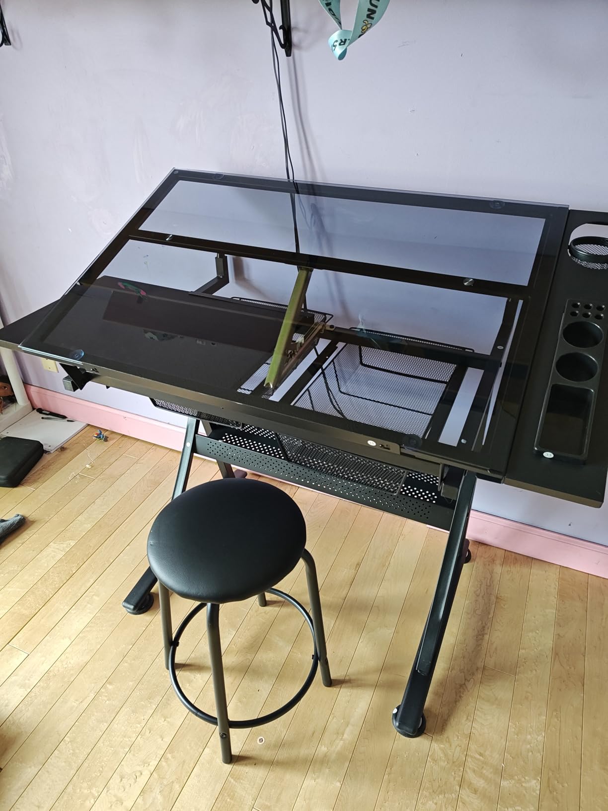 Yaheetech Adjustable Drafting Table & Stool, Tilting Glass Art Desk, Black | Tempered glass top tilts 0-40 degrees for drawing or tracing on a sturdy iron frame, with 2 mesh drawers for craft supplies. customer photo 1