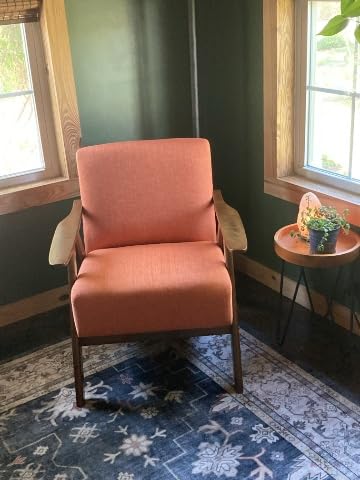 Lexicon Mid Century Modern Accent Chair with Solid Wood Frame in Walnut Finish, Upholstered Living Room Lounge Arm Chair, Thick and Comfy Innerspring Seat Cushion, Linen-Look Fabric, Blue customer photo 1