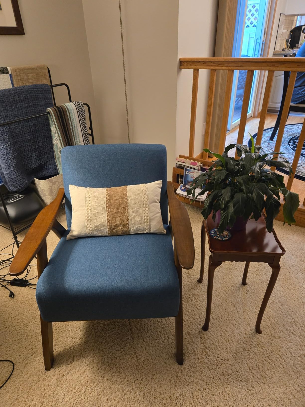 Lexicon Mid Century Modern Accent Chair with Solid Wood Frame in Walnut Finish, Upholstered Living Room Lounge Arm Chair, Thick and Comfy Innerspring Seat Cushion, Linen-Look Fabric, Blue customer photo 2