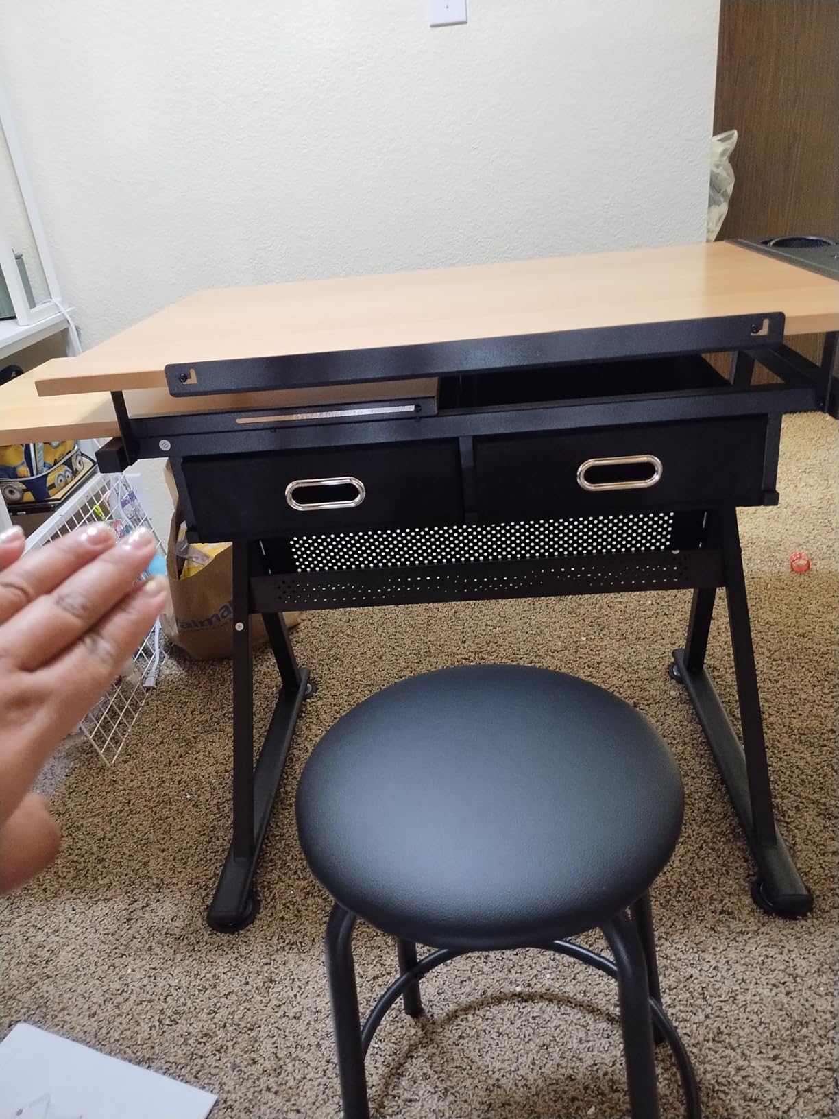 Yaheetech Adjustable Drafting Table Art Desk, Storage Drawers & Stool, Wood | MDF tabletop tilts 0-60° on a metal frame for drawing, crafts, and homework, with two supply drawers and a matching stool. customer photo 1