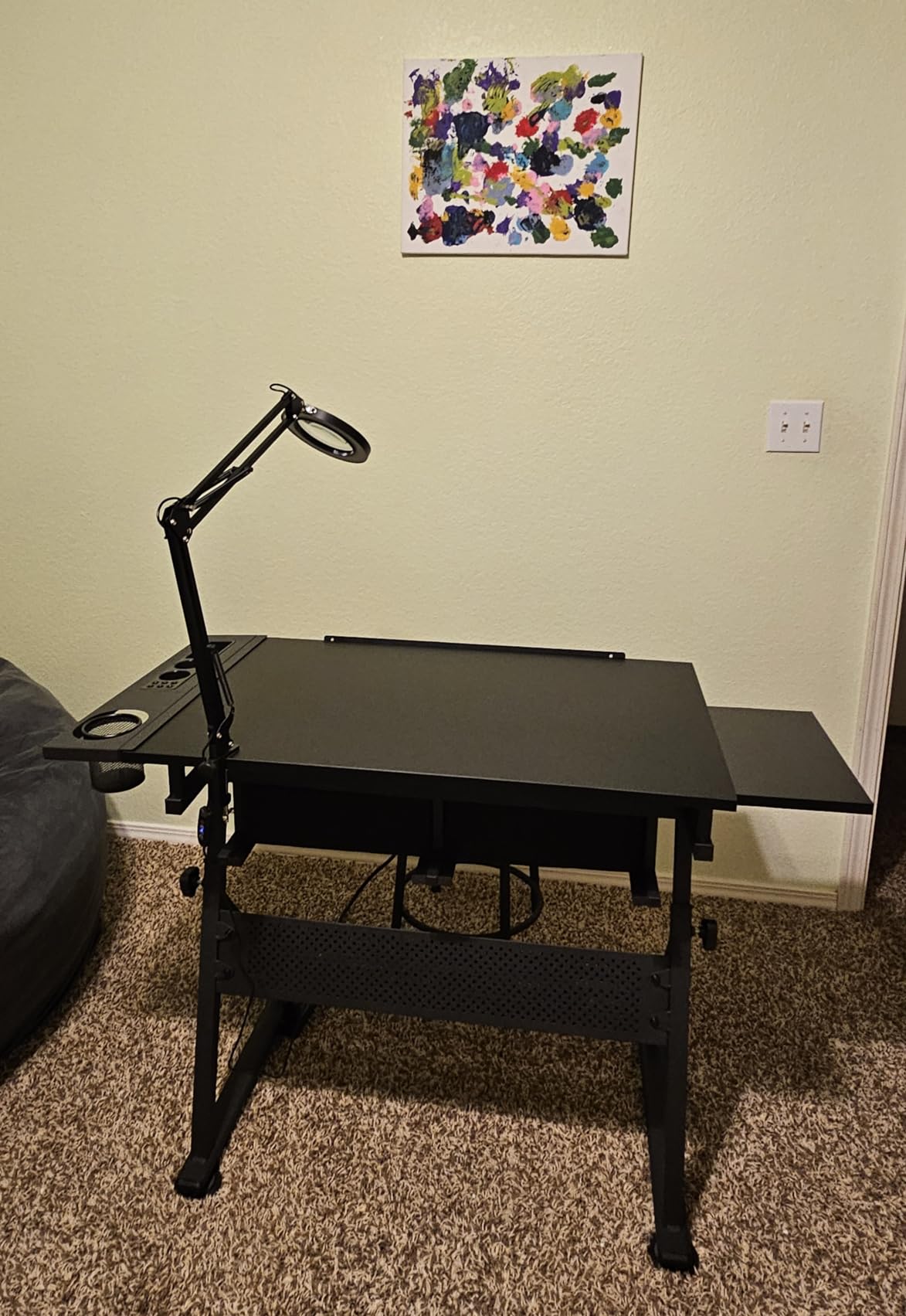 Yaheetech Adjustable Drafting Table Art Desk, Storage Drawers & Stool, Wood | MDF tabletop tilts 0-60° on a metal frame for drawing, crafts, and homework, with two supply drawers and a matching stool. customer photo 2
