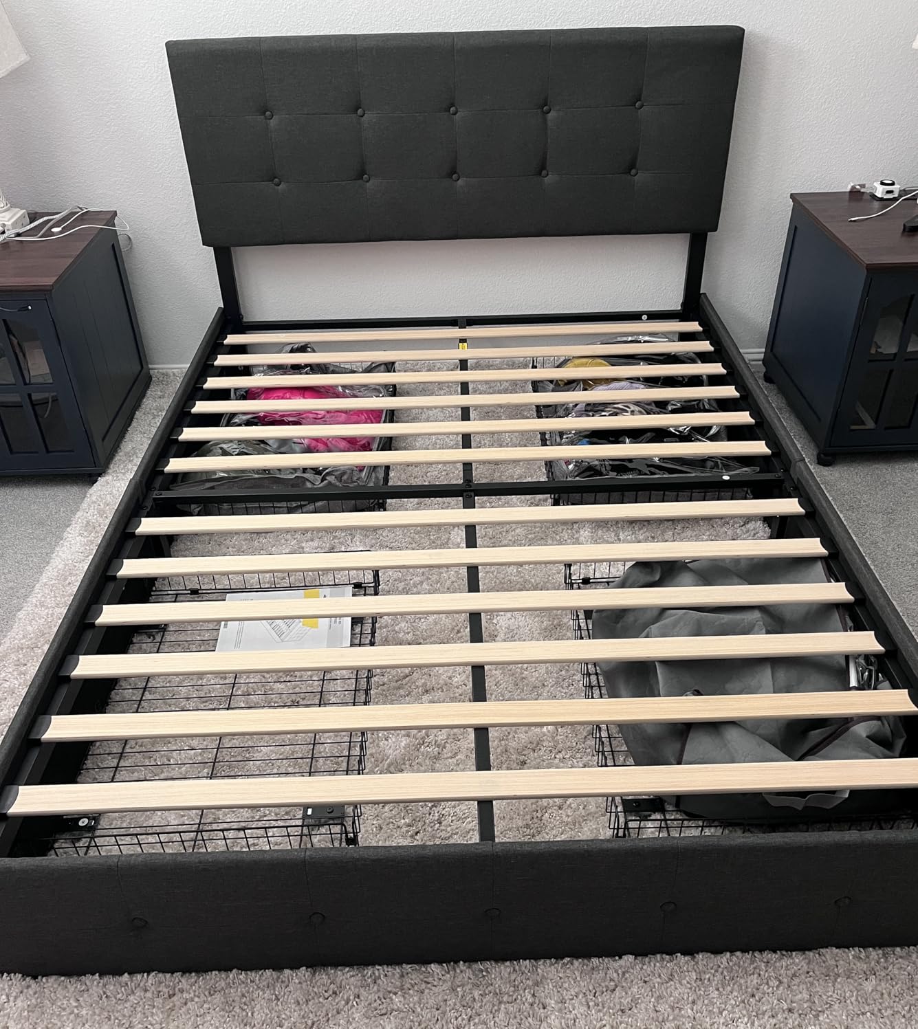 Allewie Upholstered Queen Size Platform Bed Frame with 4 Storage Drawers and Headboard, Square Stitched Button Tufted, Mattress Foundation with Wooden Slats Support, No Box Spring Needed, Dark Grey customer photo 2