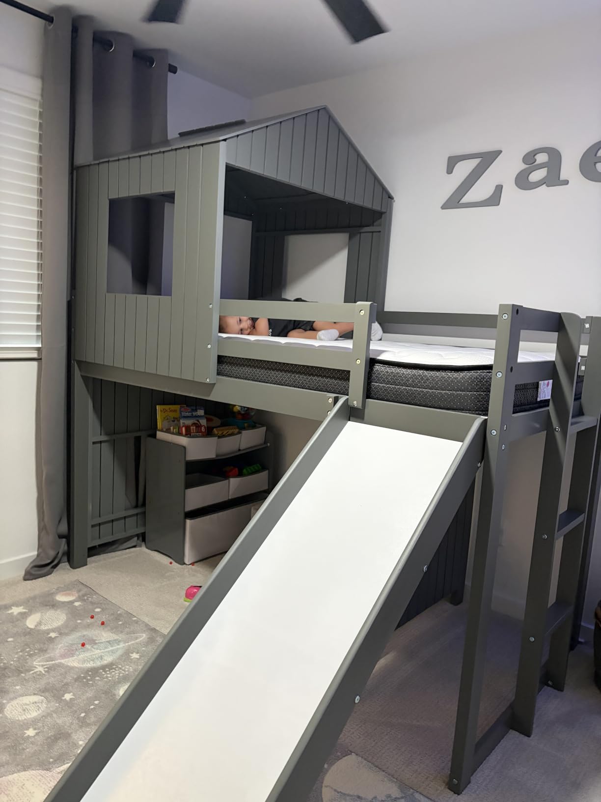 Twin Over Full Bunk Bed with Playhouse & Slide, Space-Saving for Kids Room | Playhouse design with windows, dual assembly layout, 400/600lbs load capacity customer photo 2