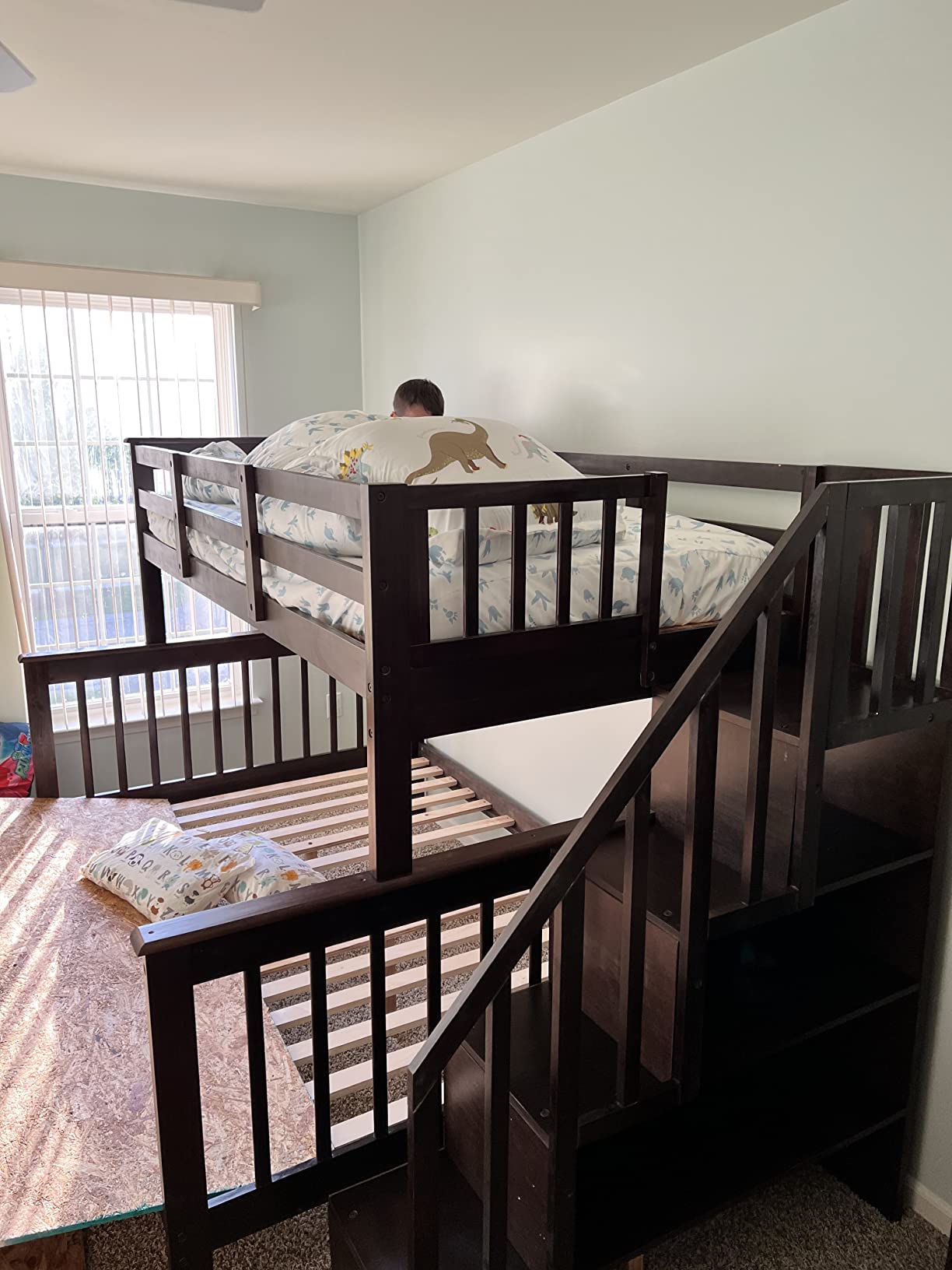 MERITLINE Solid Wood Bunk Bed Twin Over Full with Storage Stairs and Drawers, Bunk Bed with Full-Length Guardrails for Kids Teens Adults, Detachable Bunk Beds (Espresso) customer photo 1